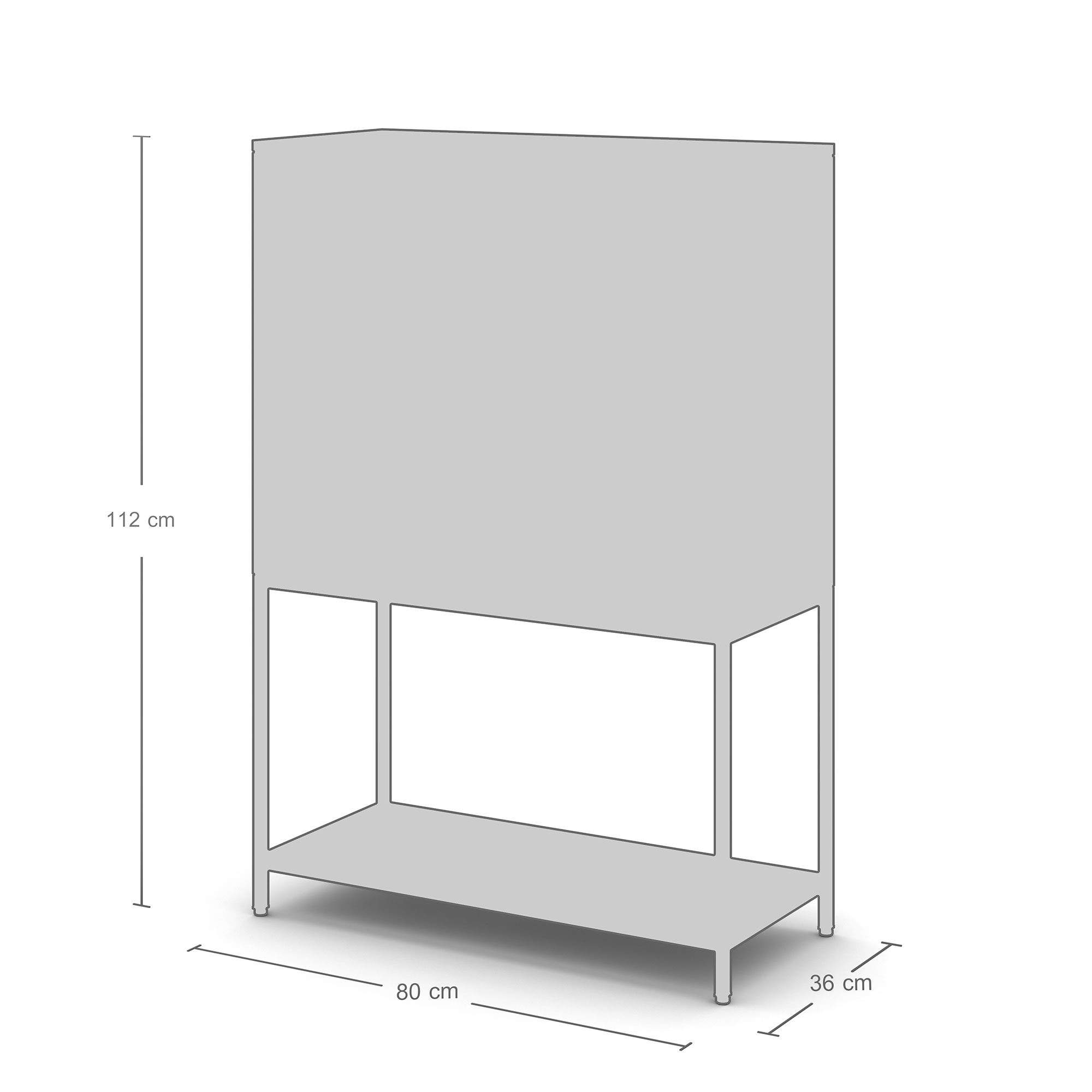 Maßgrafik eines Möbelstücks mit 112 cm Höhe, 80 cm Breite und 36 cm Tiefe.