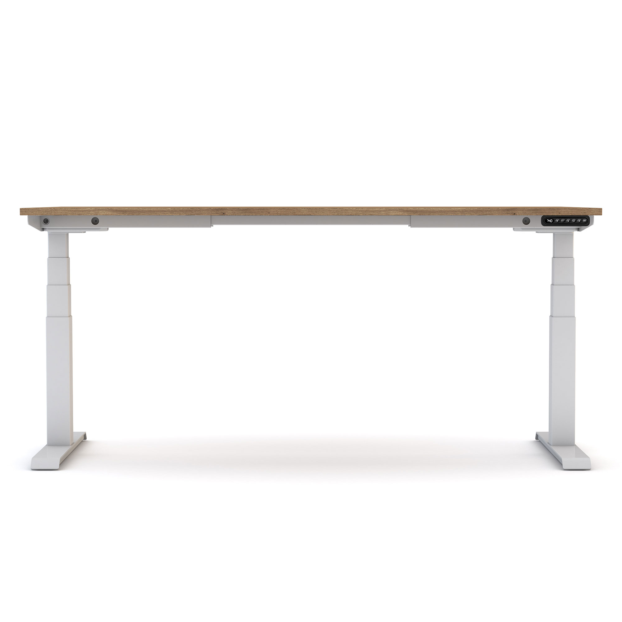 Höhenverstellbarer Schreibtisch mit Holzplatte und weißem Gestell in seitlicher Ansicht
