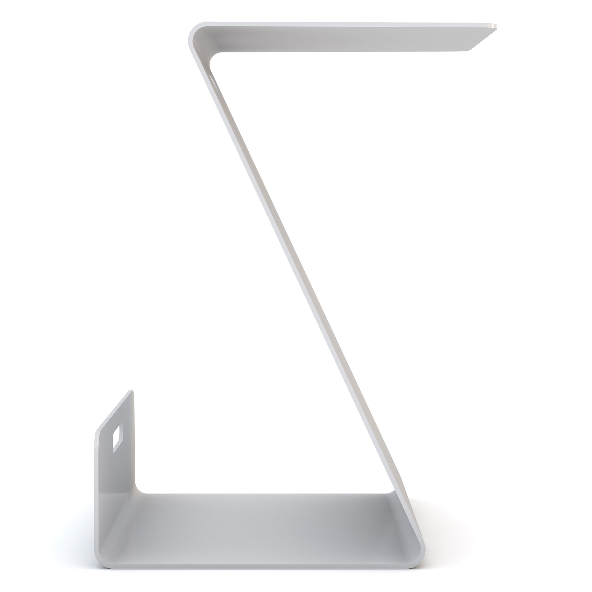 Moderner weißer Laptophalter aus Metall in Z-Form mit Kabelöffnung.