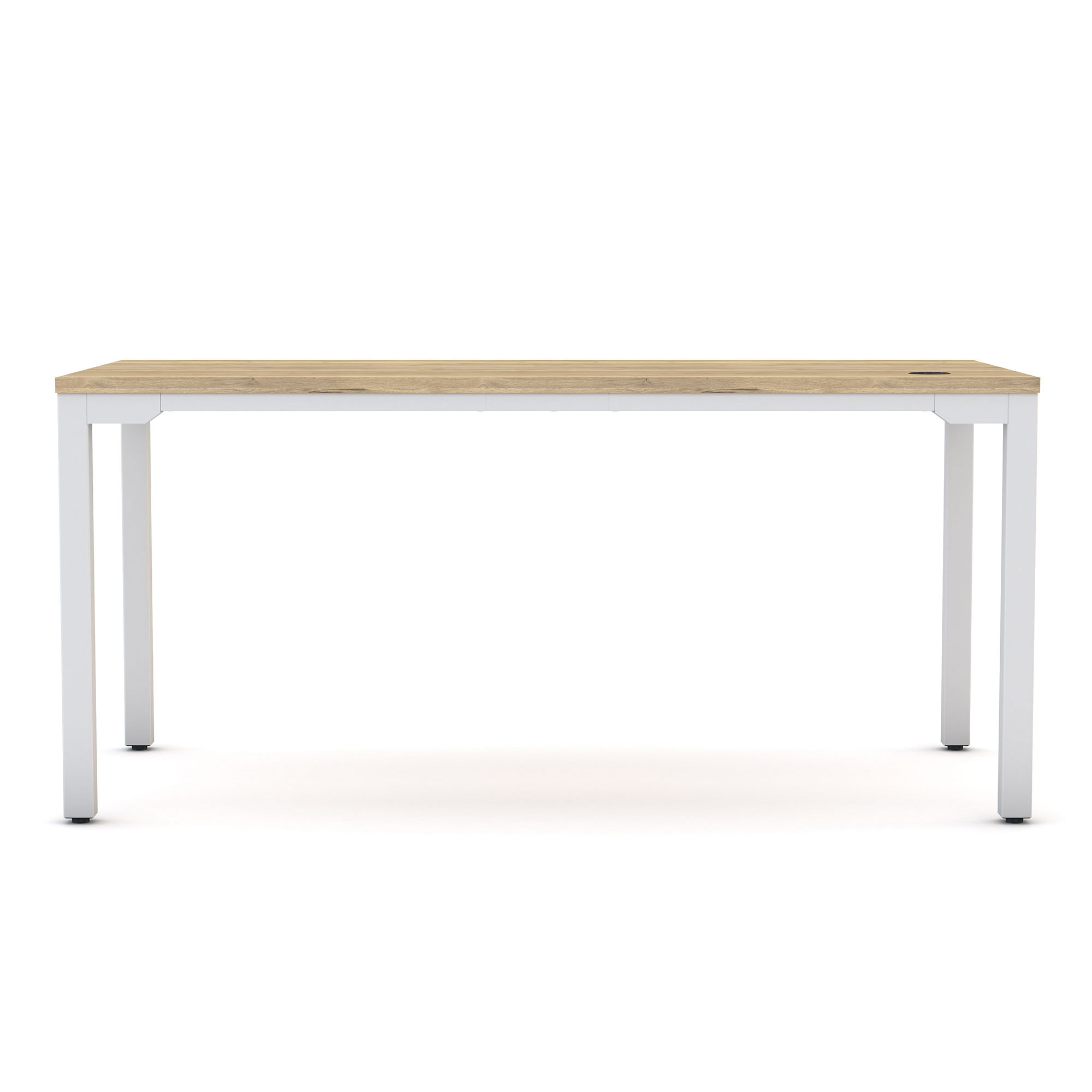 Moderner Schreibtisch mit Holzplatte und weißem Metallgestell in Frontalansicht.