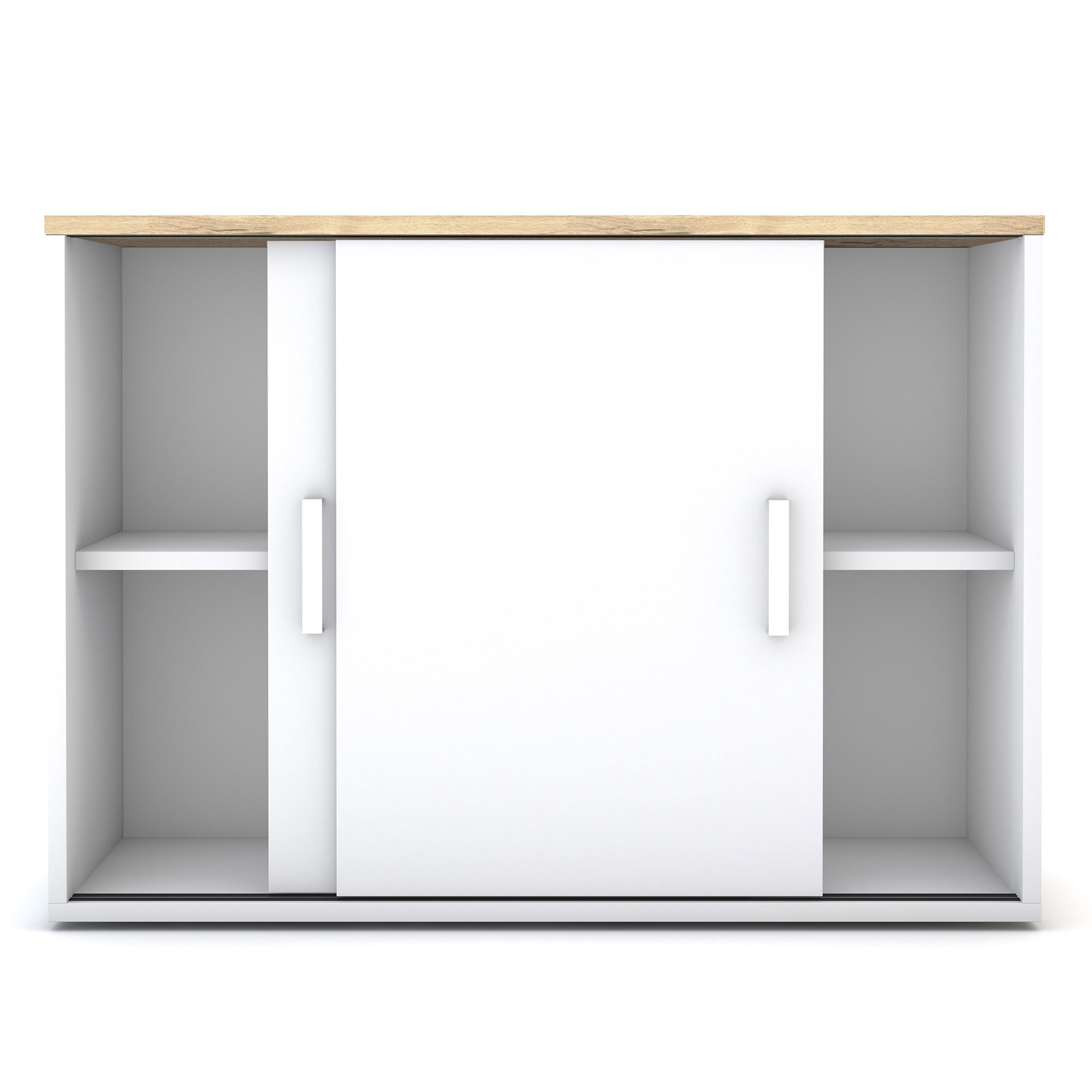 Schrank mit Schiebetüren in Weiß und Holzdekoroberfläche.