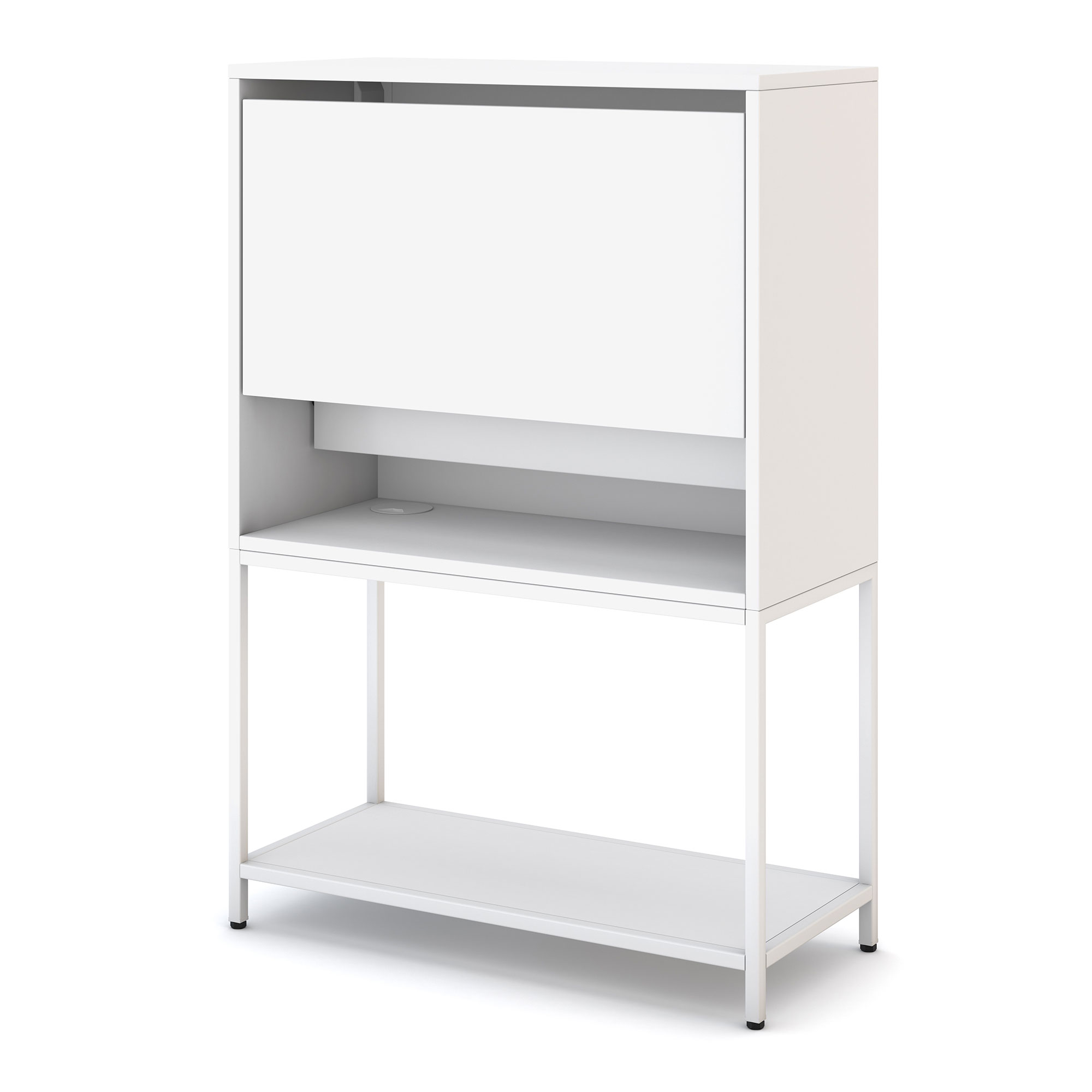 Weißes Sideboard mit offener Ablage unten und Klapptür im oberen Bereich.