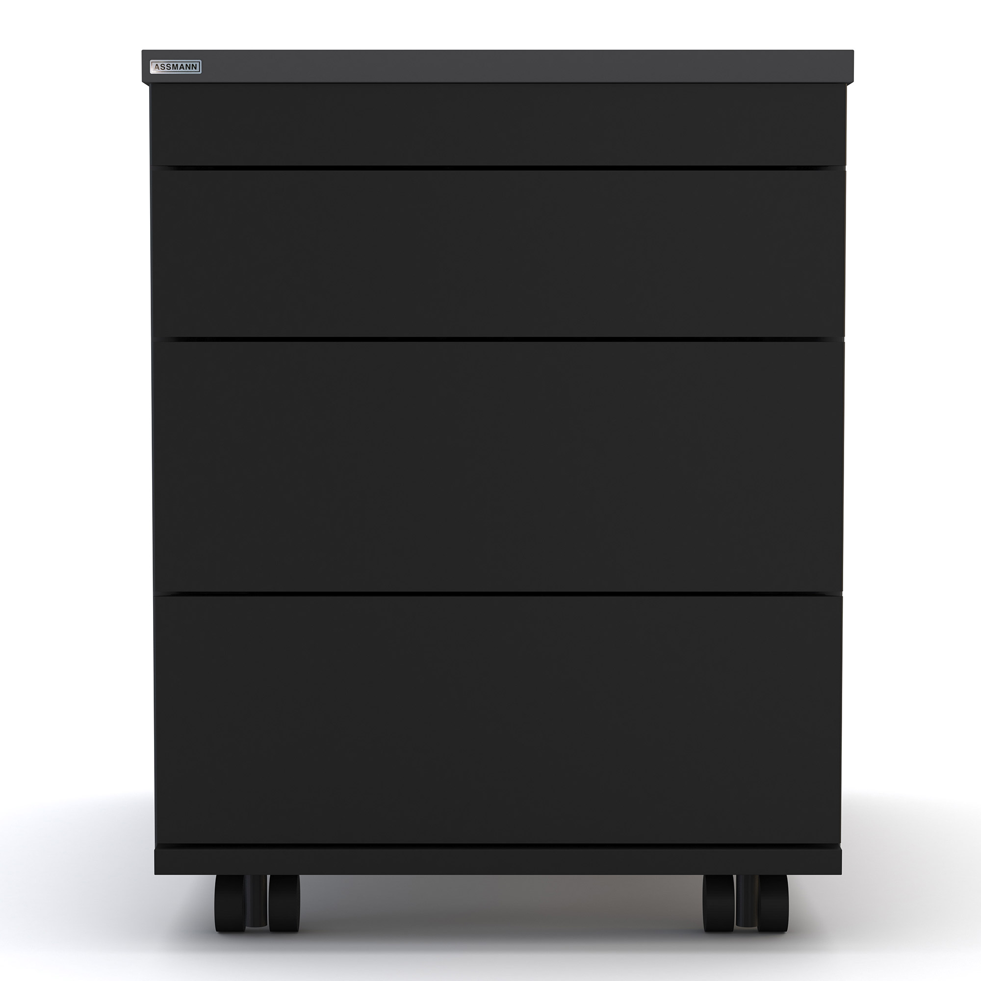 Schwarzer Rollcontainer mit vier Schubladen für Büroorganisation.