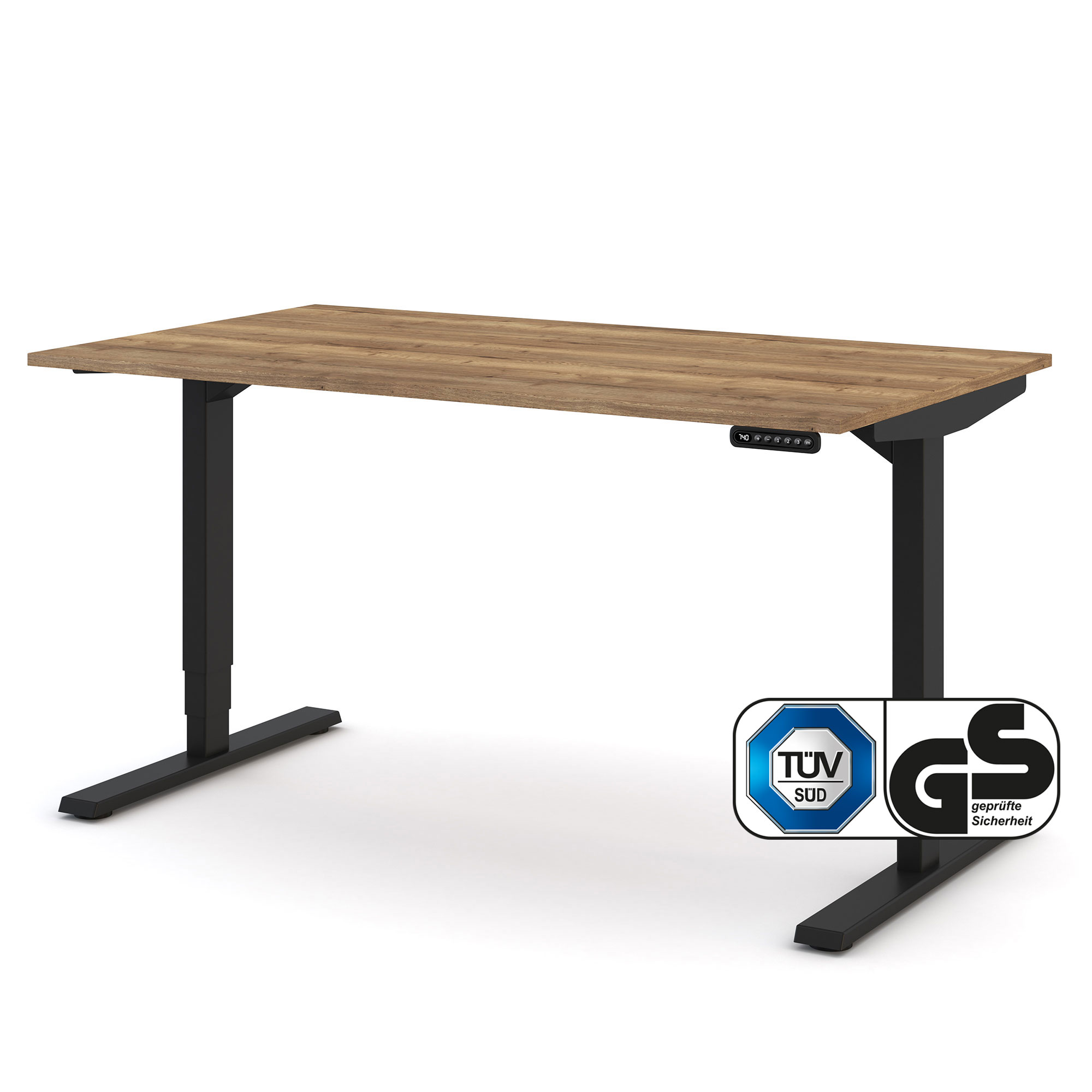 Höhenverstellbarer Schreibtisch mit dunkler Holzplatte, schwarzem Gestell und TÜV GS Zertifikat.