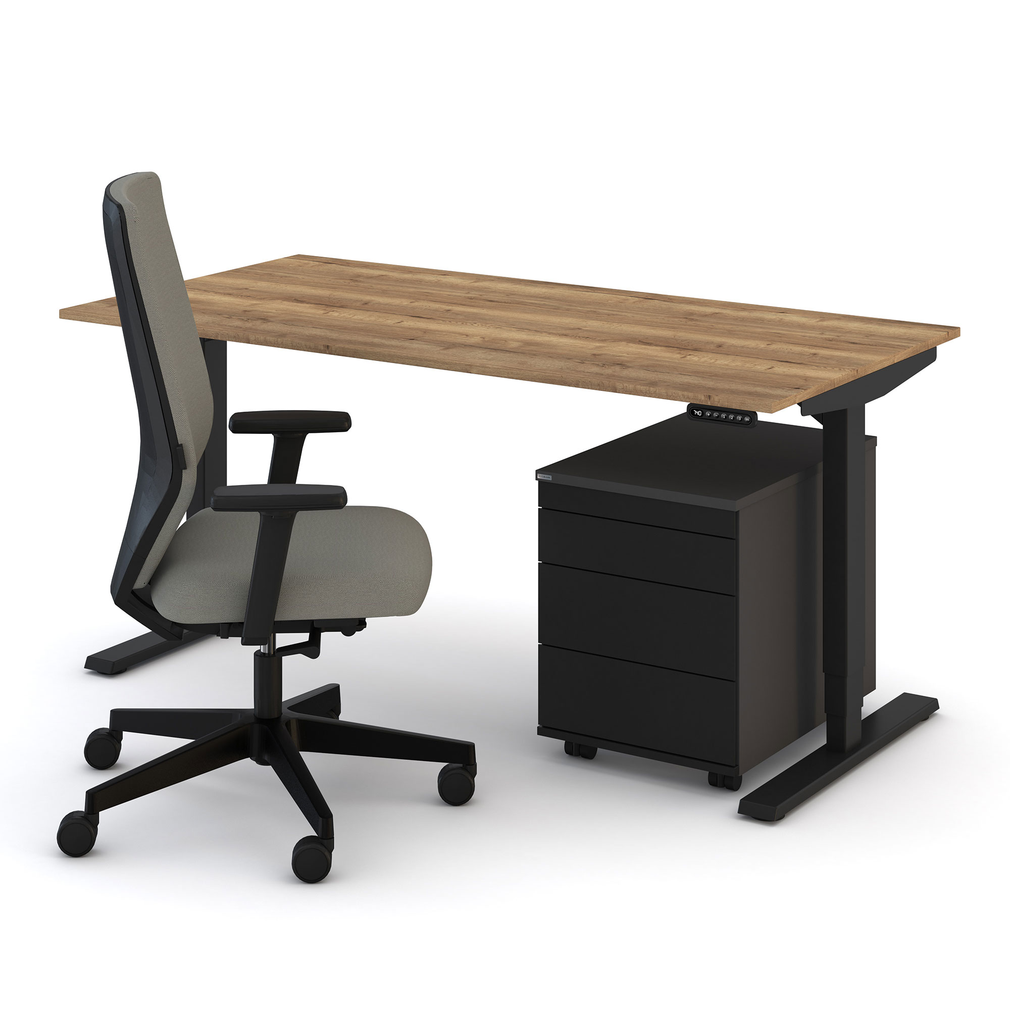 Home-Office-Arbeitsplatz mit höhenverstellbarem Schreibtisch in Holzoptik, schwarzem Rollcontainer und ergonomischem Bürostuhl