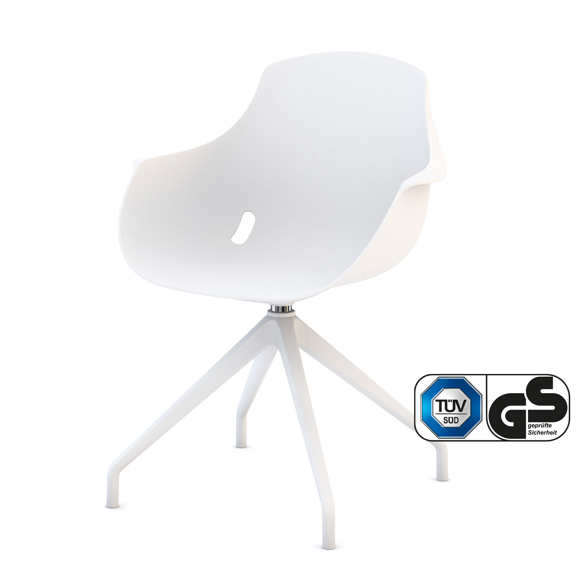 Moderner weißer Design-Drehstuhl mit Vierfußgestell, TÜV SÜD und GS Zertifizierung.