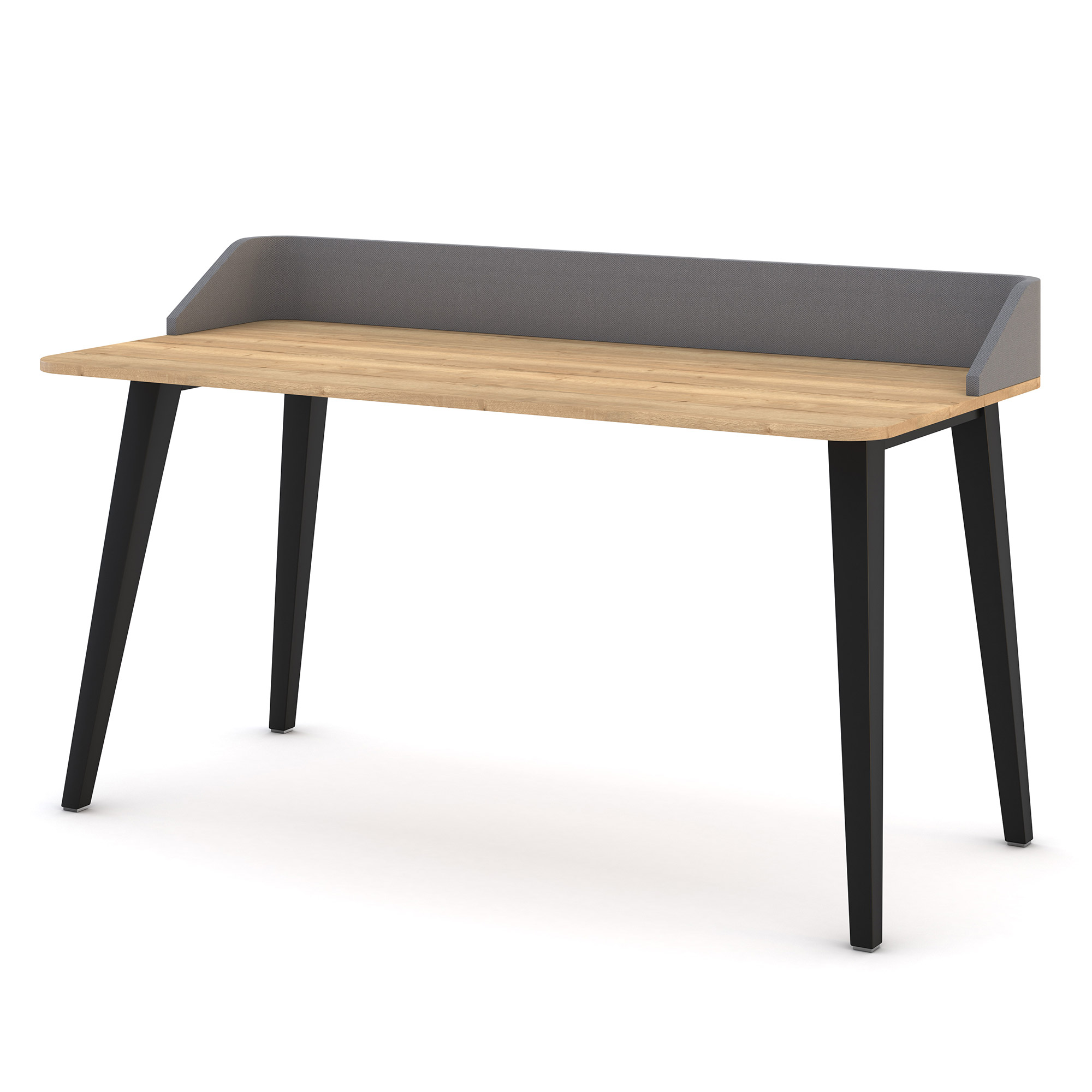Schreibtisch mit Holzplatte, schwarzem Metallgestell und grauer Rückwand als Blendschutz.