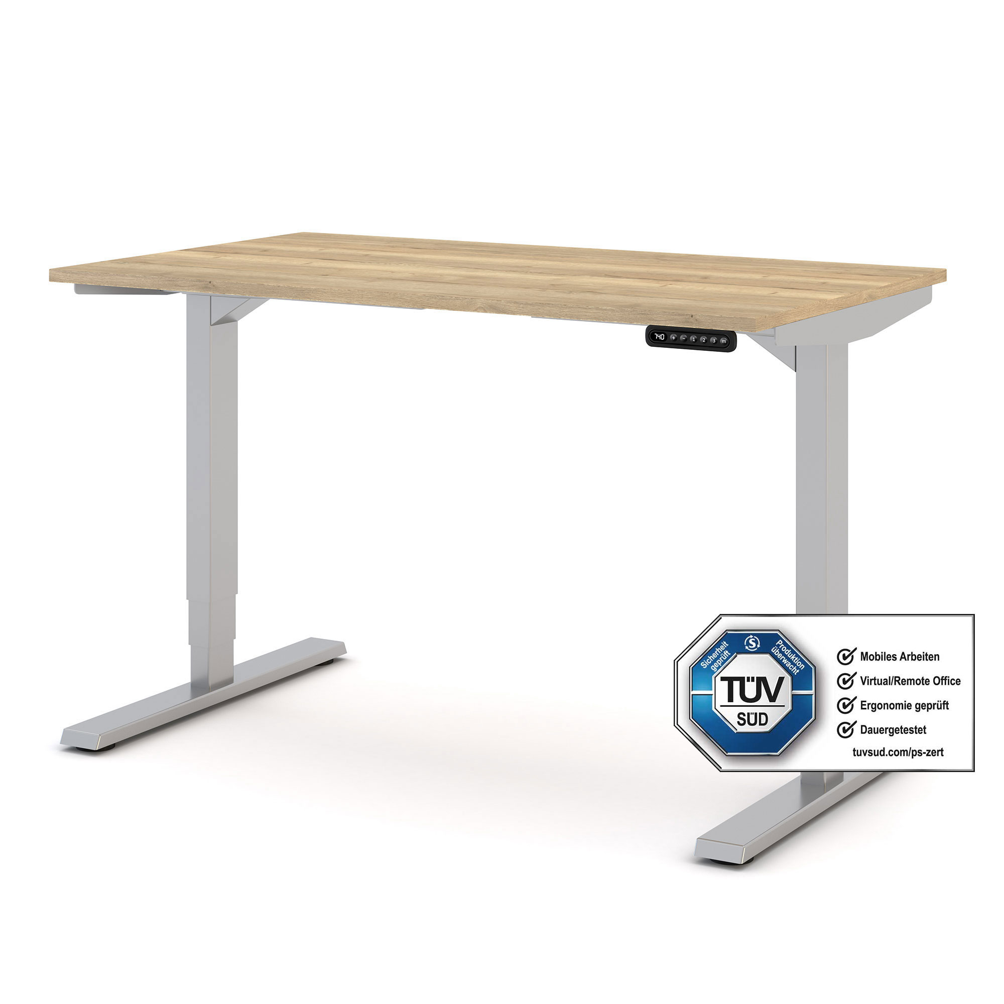 Höhenverstellbarer Schreibtisch mit TÜV SÜD Zertifizierung und heller Holzplatte.