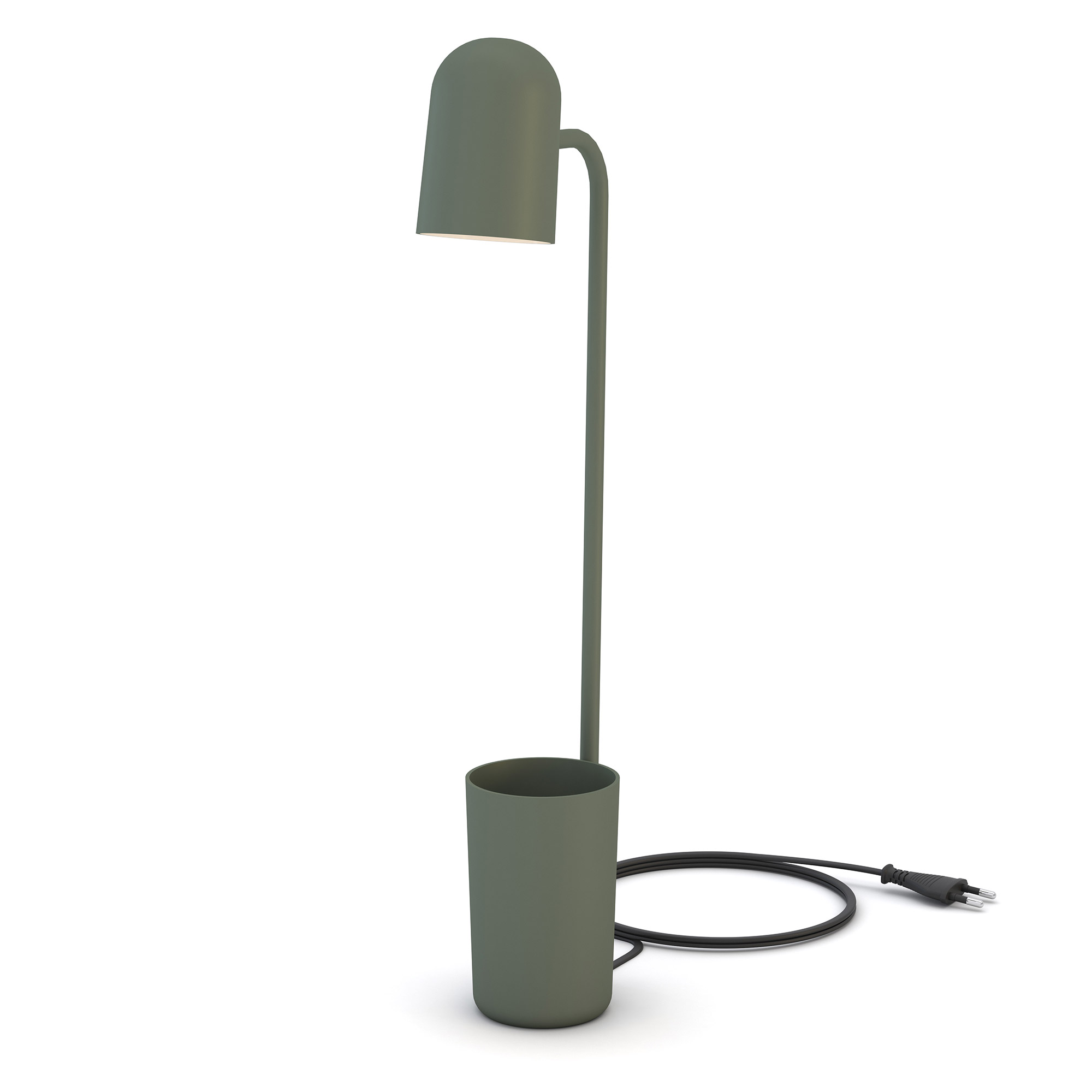 Eine graue Stehlampe mit einem zylindrischen Fuß und einem gebogenen Lampenschirm.