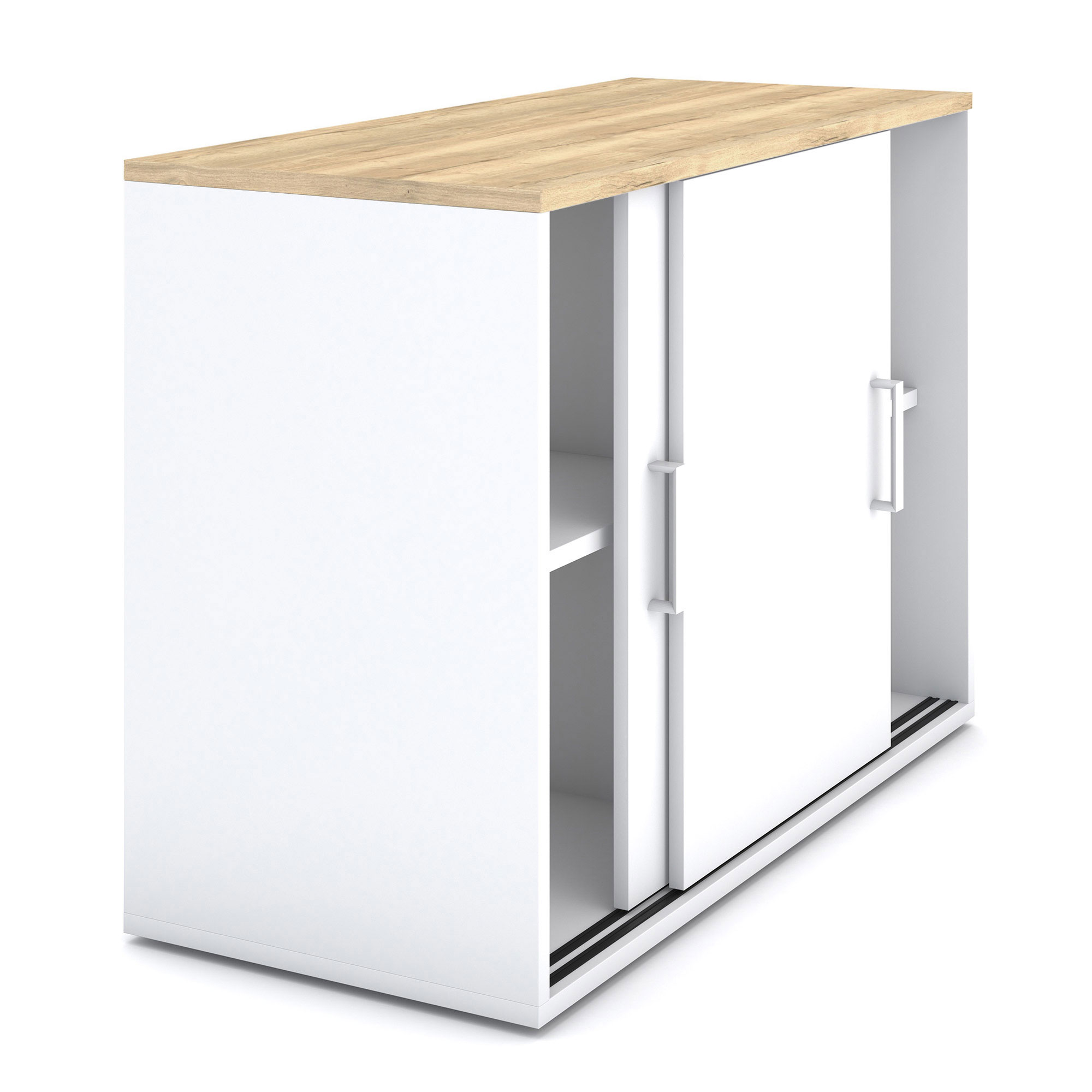 Weißer Stauschrank mit Schiebetüren und Holzoberfläche.