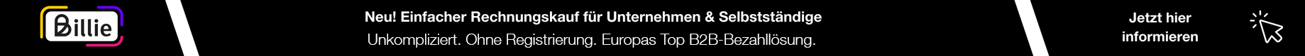Banner mit Billie-Logo und Hinweis auf einfachen Rechnungskauf für Unternehmen und Selbstständige bei ASSMANN HOME