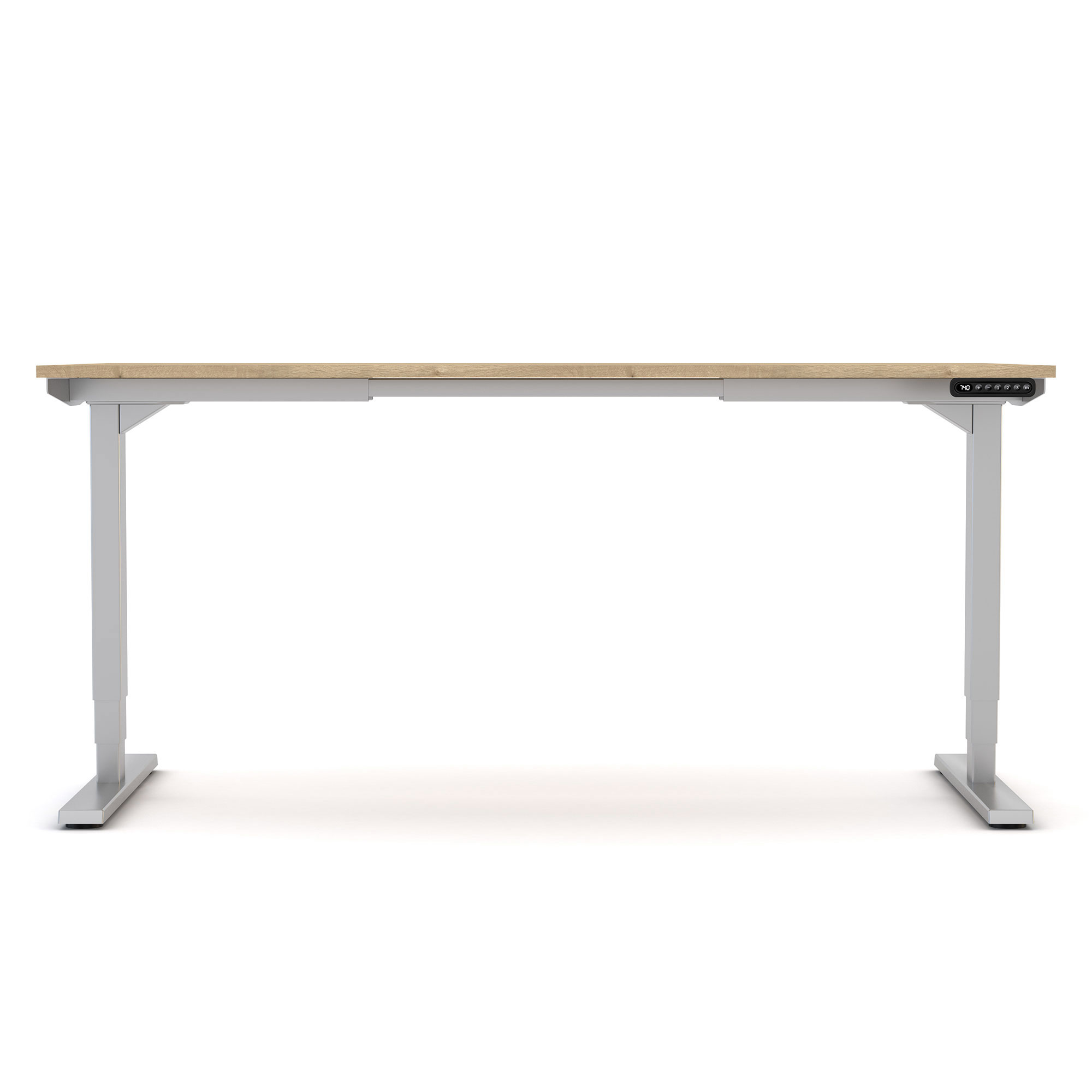 Höhenverstellbarer Schreibtisch mit Holzplatte und silbernem Gestell in frontaler Ansicht
