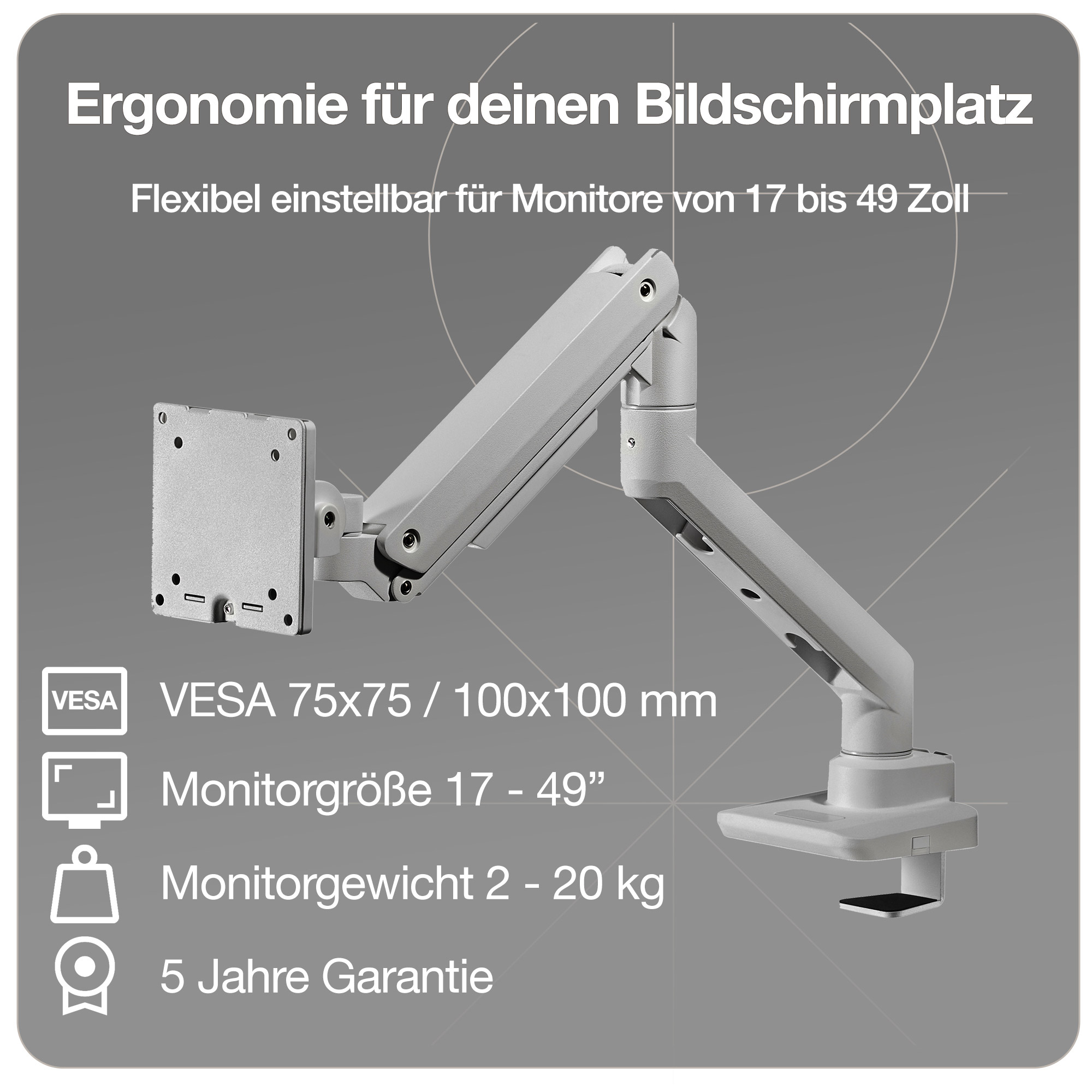 Monitorarm in weißaluminium mit Gasfeder für 17–49 Zoll Monitore bis 20kg