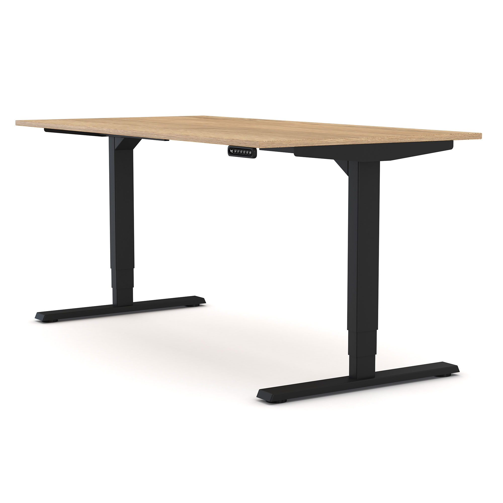 Ein höhenverstellbarer Schreibtisch mit Holzplatte und schwarzen Beinen.
