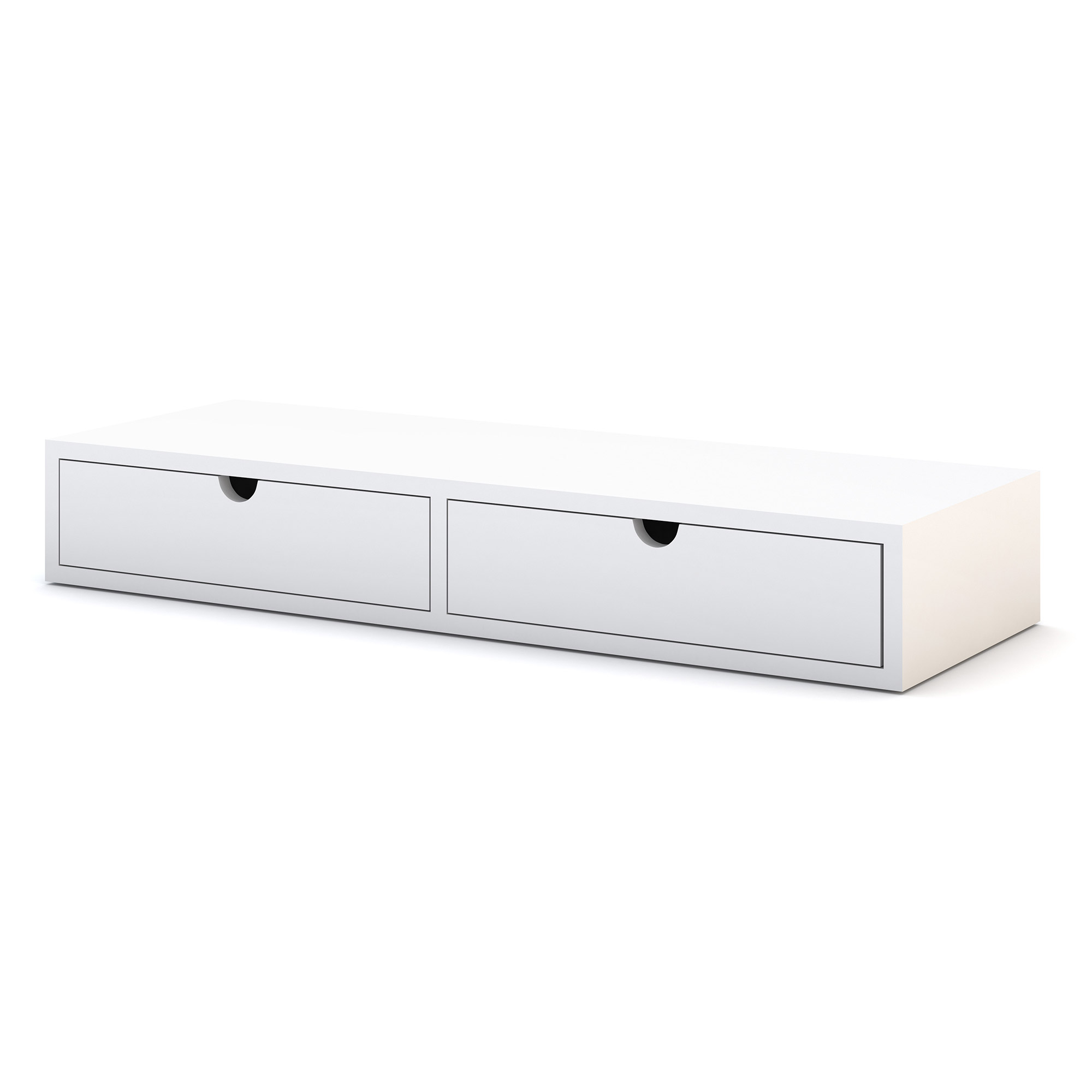 Ein weißer TV-Unterschrank mit zwei Schubladen.