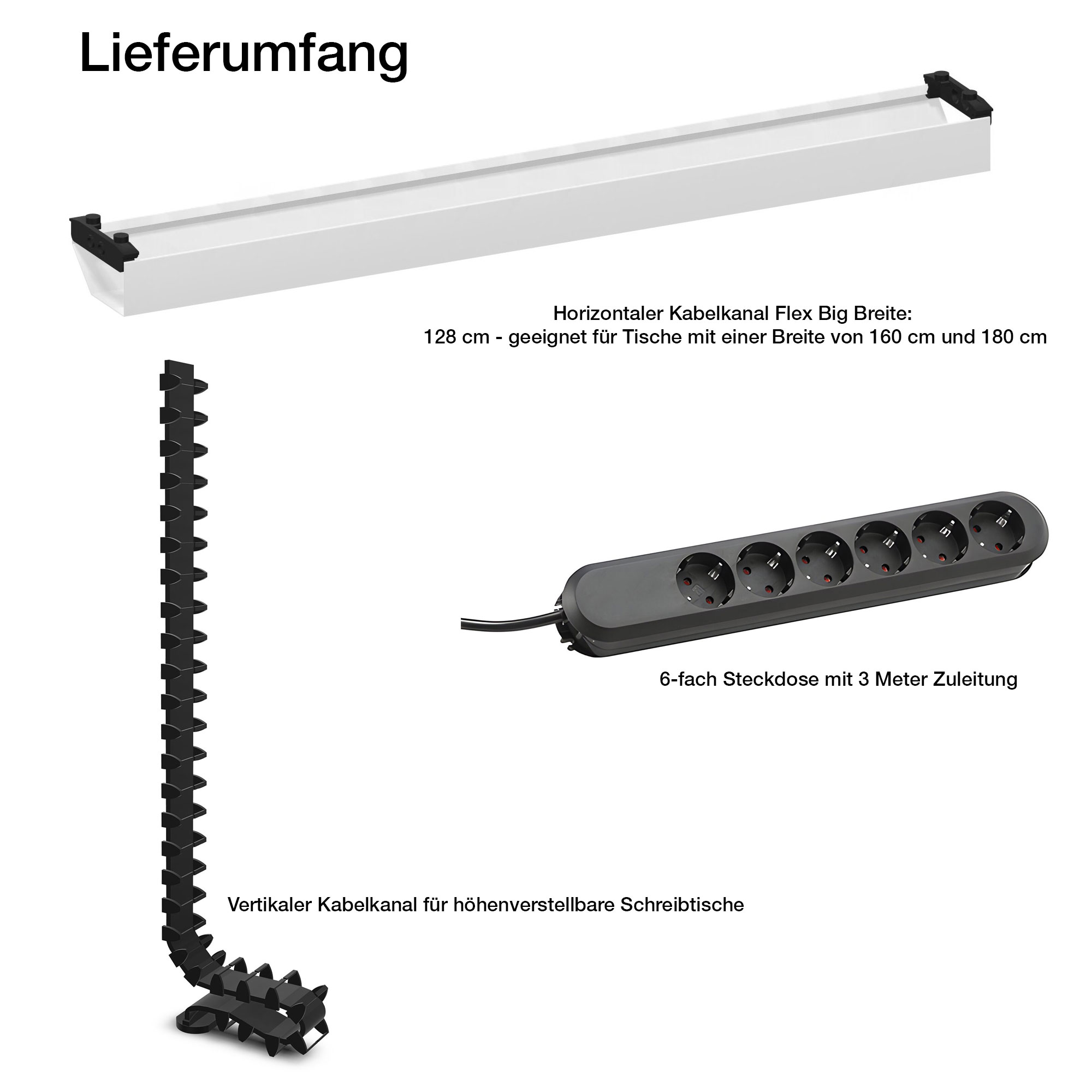 Horizontaler Kabelkanal Flex-big + Vertikale Kabelführung + 6-fach Steckdose