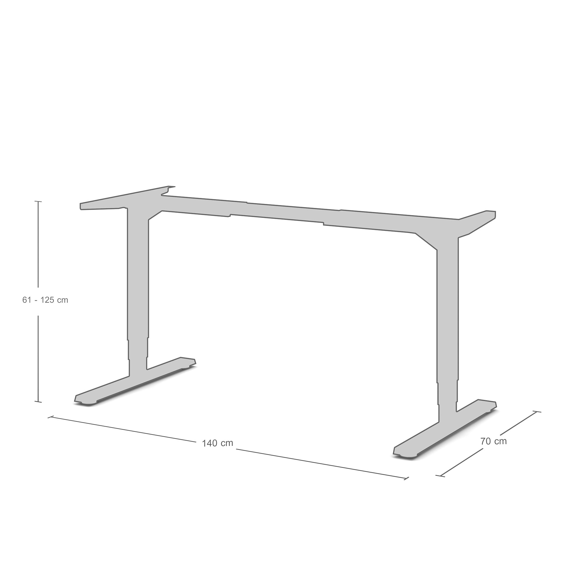 Ein höhenverstellbarer Schreibtisch mit den Maßen 140 cm x 70 cm und einer verstellbaren Höhe von 61 bis 125 cm.
