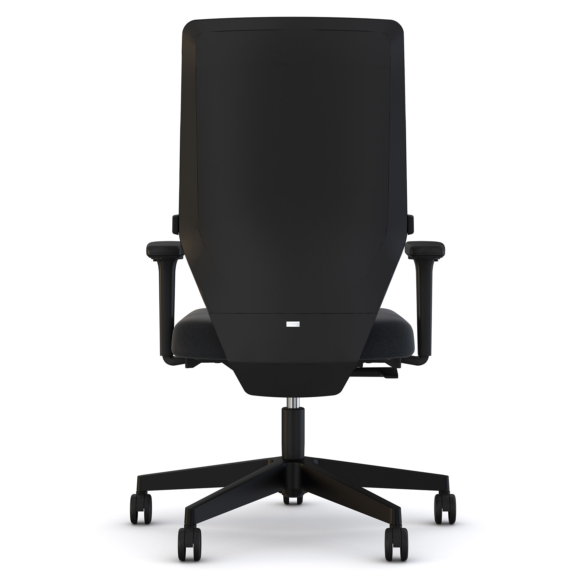 Bürostuhl in Rückansicht mit schwarzer Rückenlehne und höhenverstellbaren Armlehnen