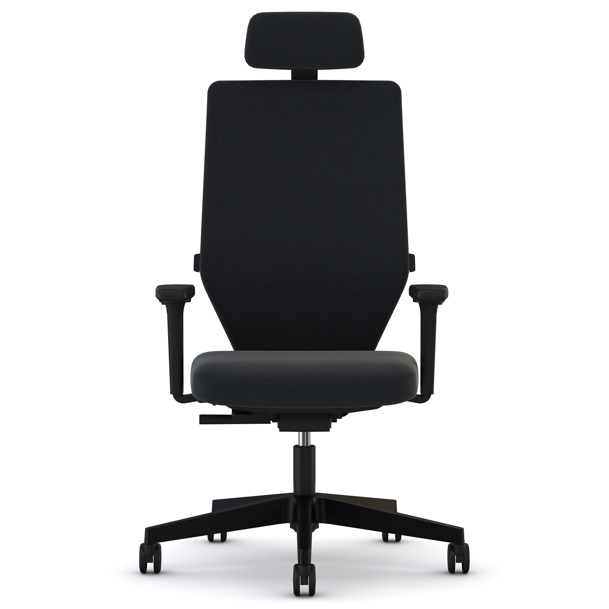 Bürostuhl mit schwarzem Stoffbezug, hoher Rückenlehne und Kopfstütze.