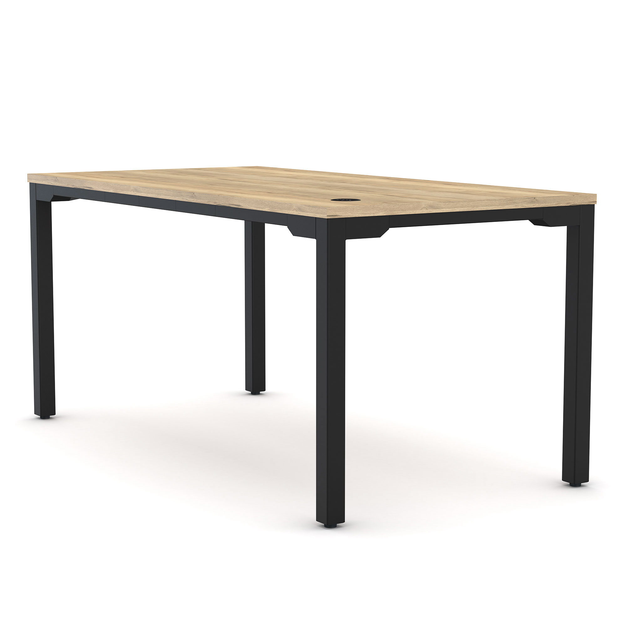 Ein Tisch mit einer Holzoberfläche und einem schwarzen Metallgestell.