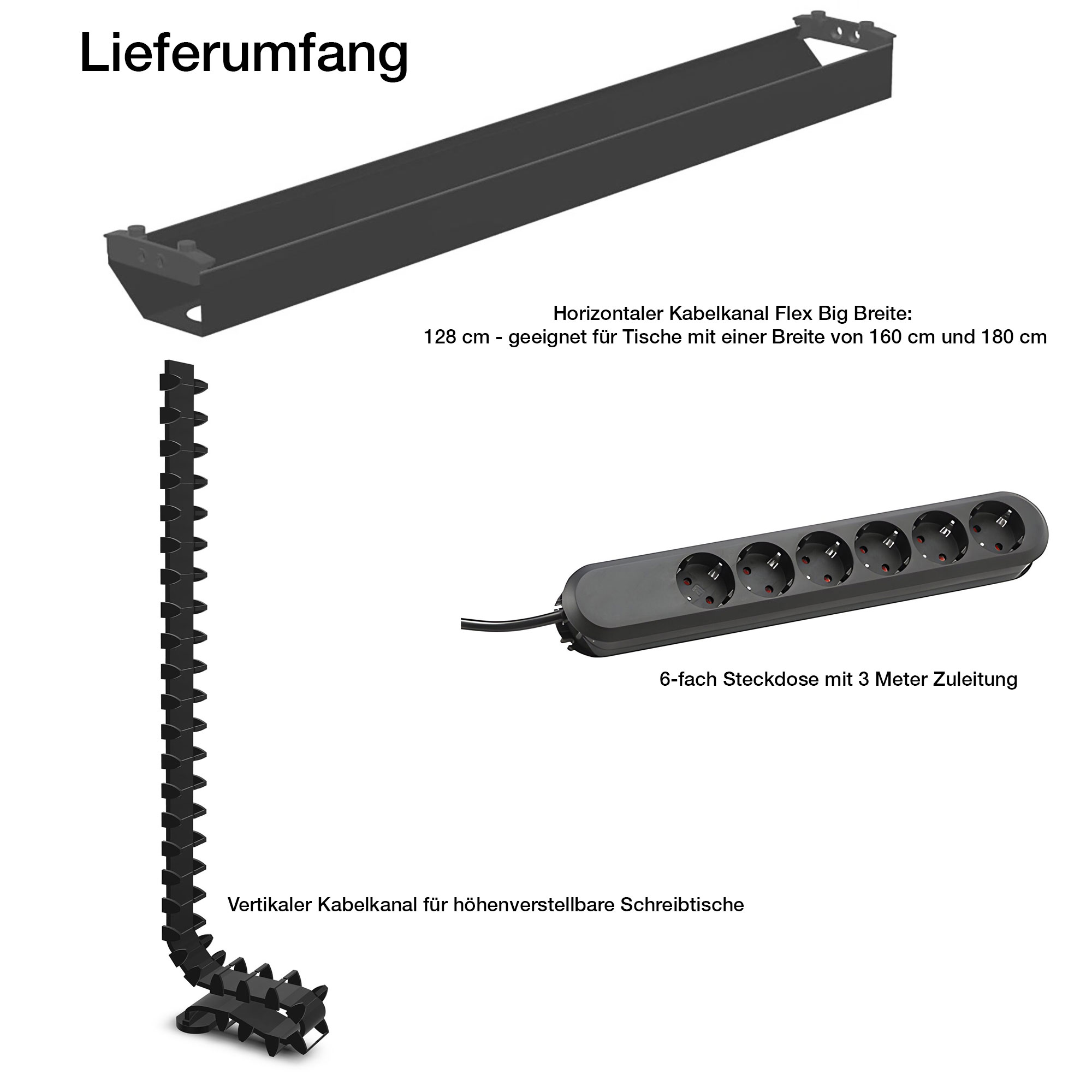 Horizontaler Kabelkanal Flex-big + Vertikale Kabelführung + 6-fach Steckdose