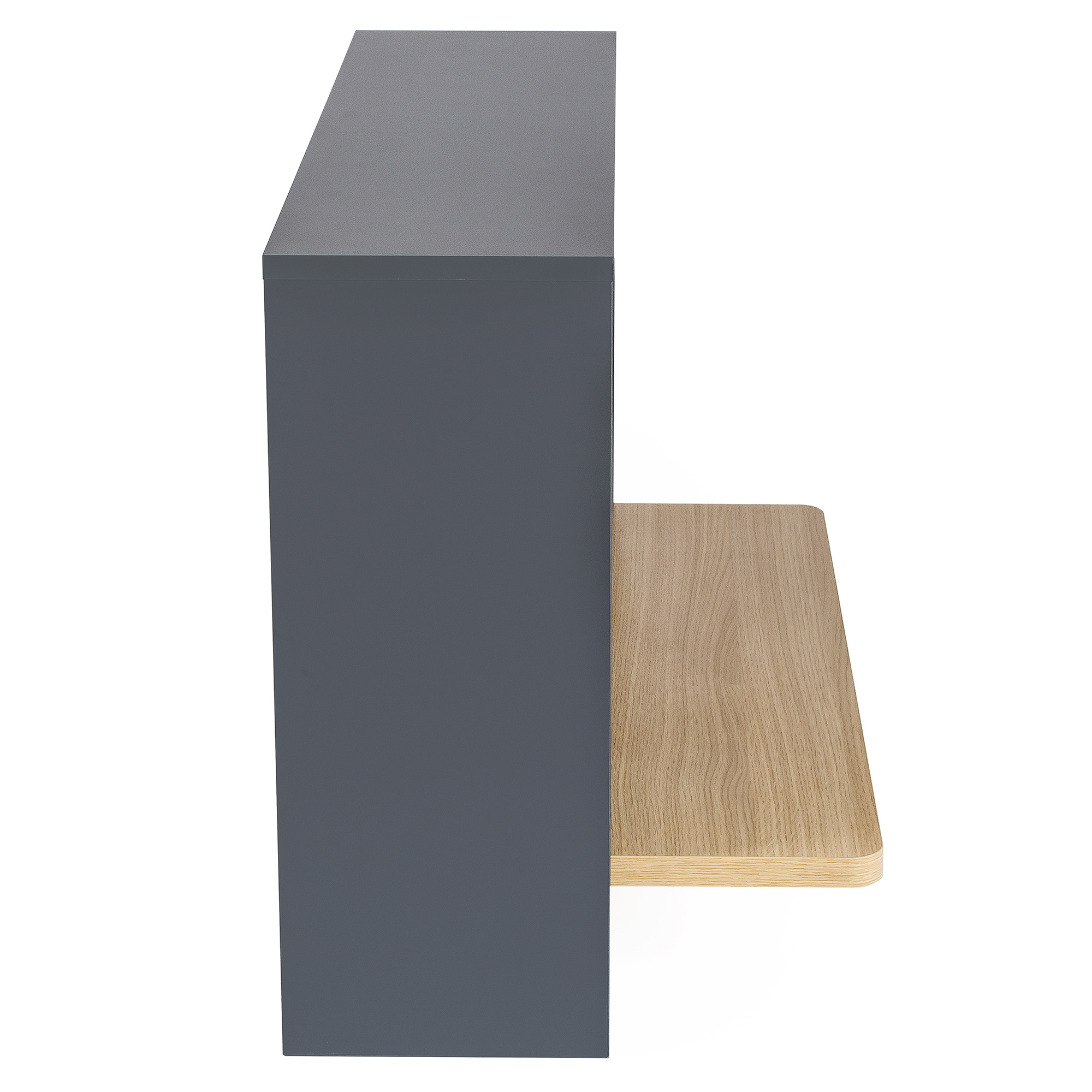 Seitenansicht eines Wandmoduls mit dunkelgrauem Korpus und ausklappbarer Holzablage