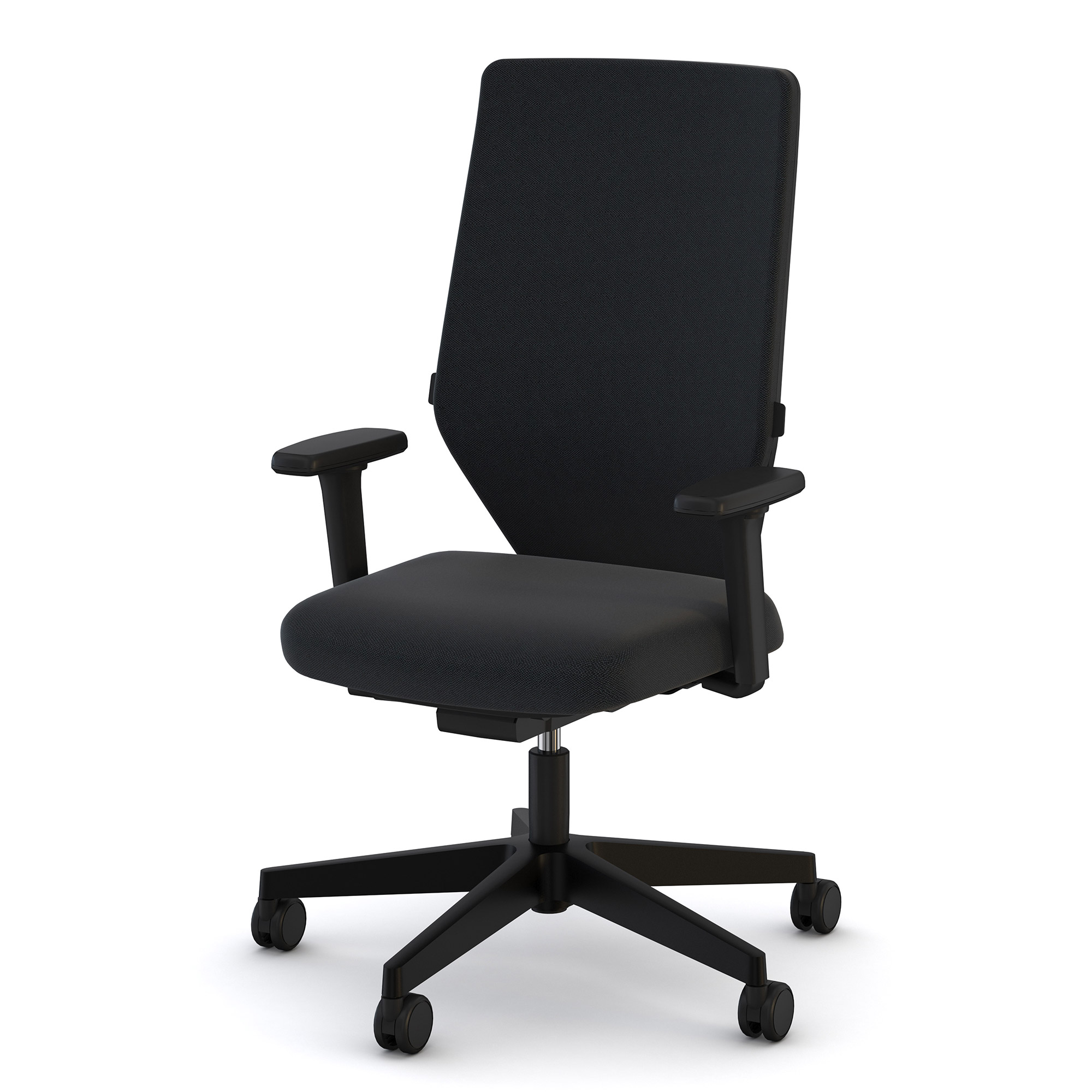 Ein schwarzer Bürostuhl mit höhenverstellbarem Sitz und Armlehnen.