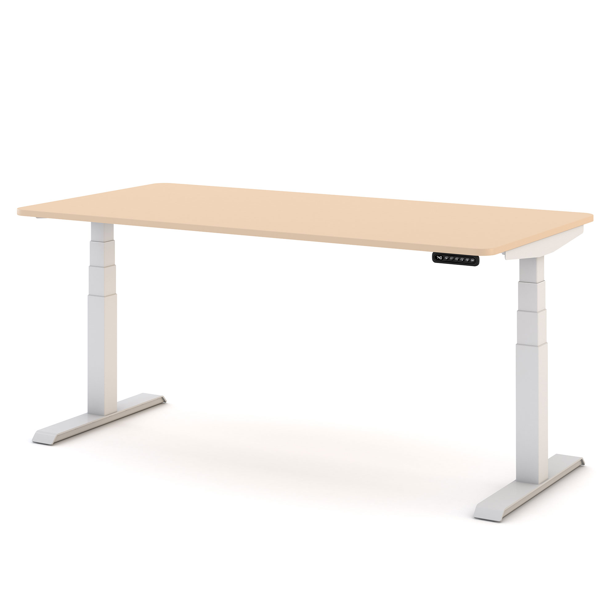 Elektrisch höhenverstellbarer Schreibtisch mit heller Holzplatte und weißem Gestell.