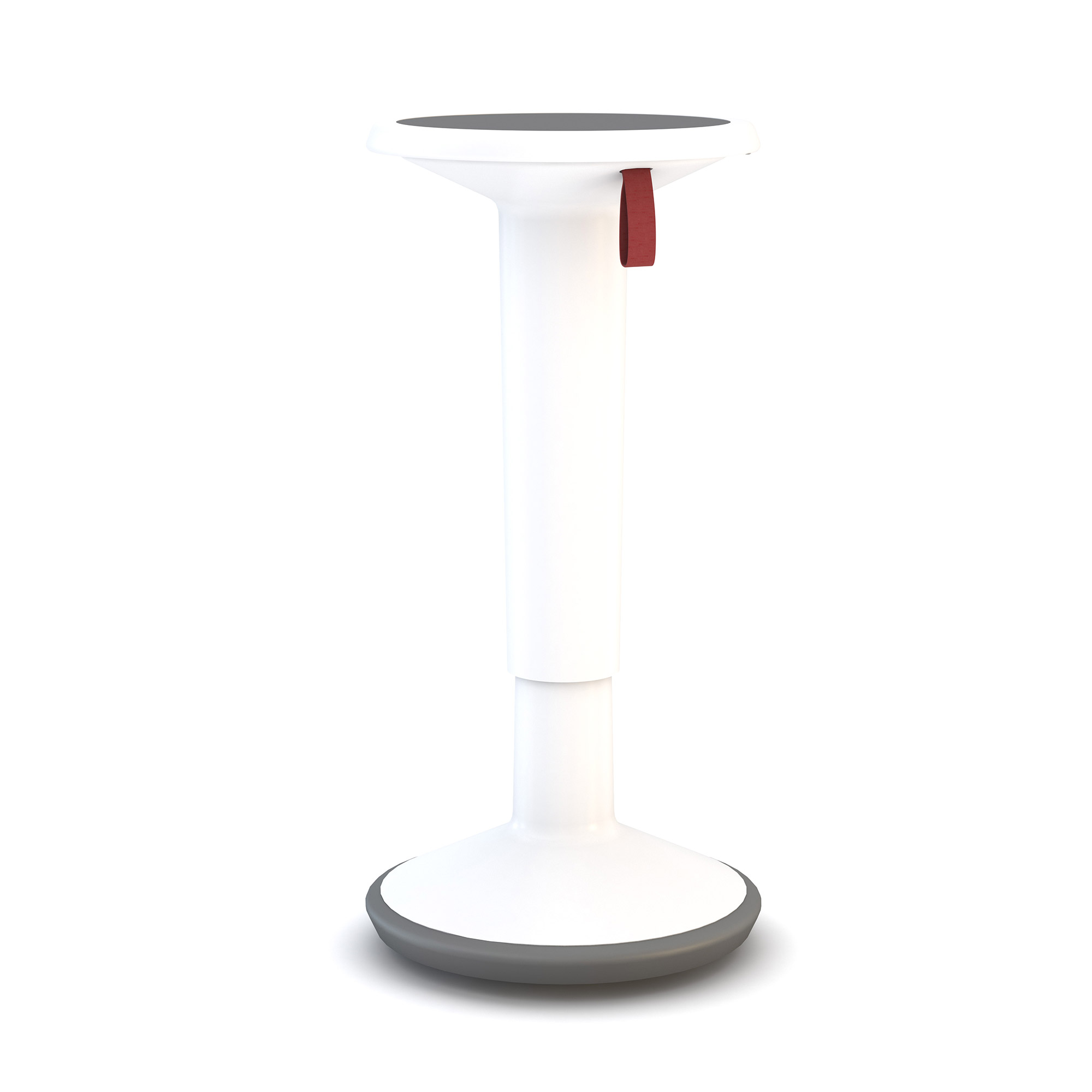 Ergonomischer Stehhocker in Weiß mit schwarzer Sitzfläche und rotem Griffband.