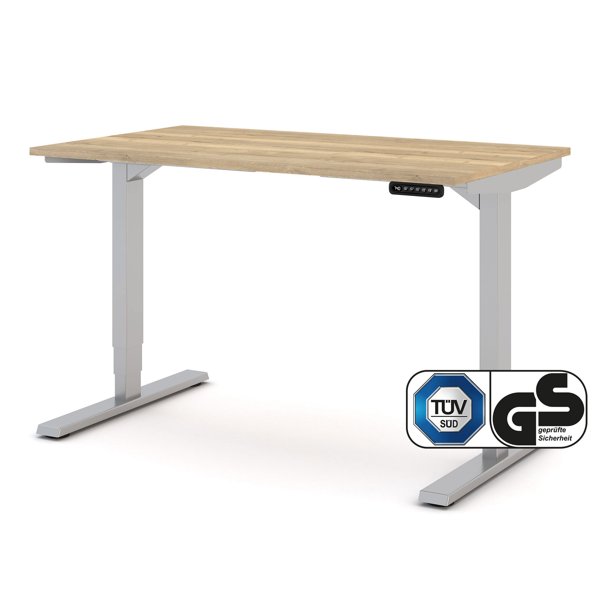 Elektrisch höhenverstellbarer Schreibtisch mit Eiche-Dekor und silbernem Gestell – TÜV- und GS-zertifiziert für ergonomisches Arbeiten im Büro