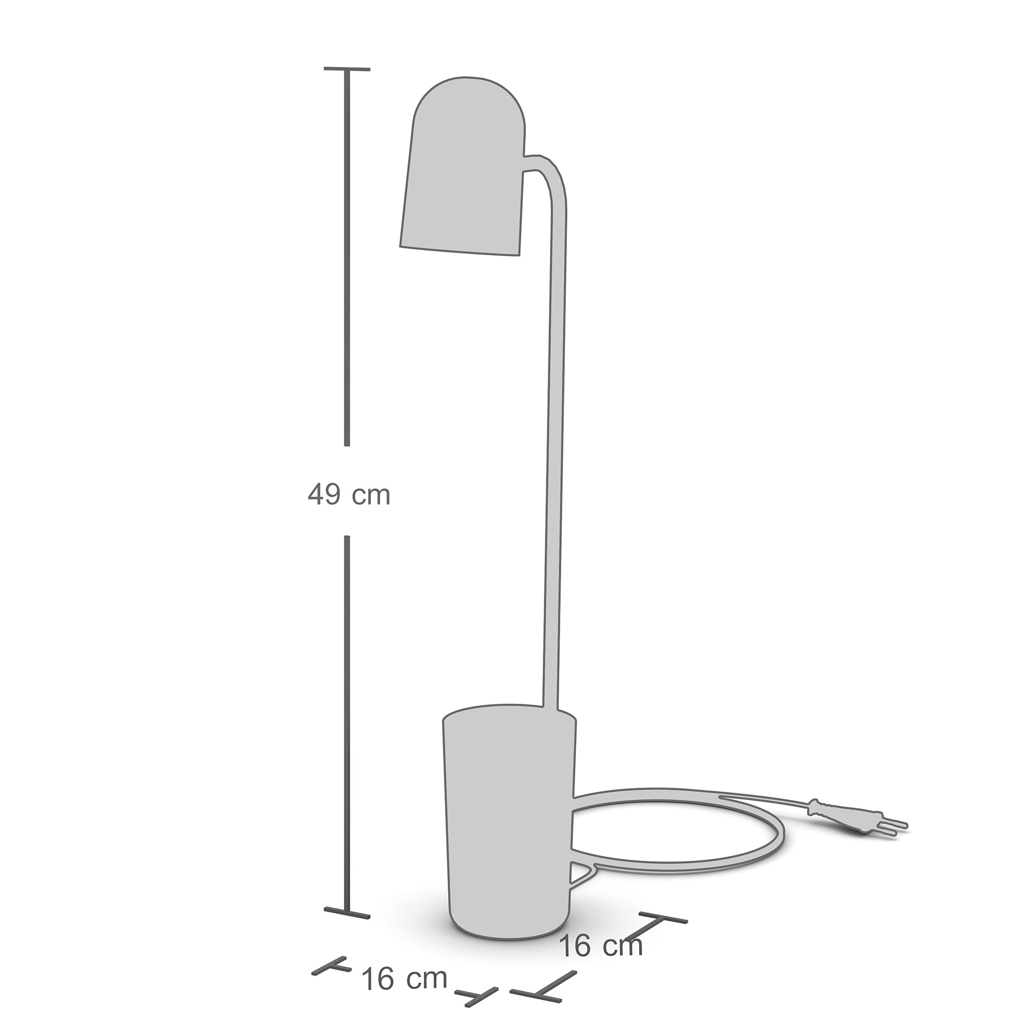 Skizze einer Tischleuchte mit Maßen 49 cm hoch und 16 cm breit.