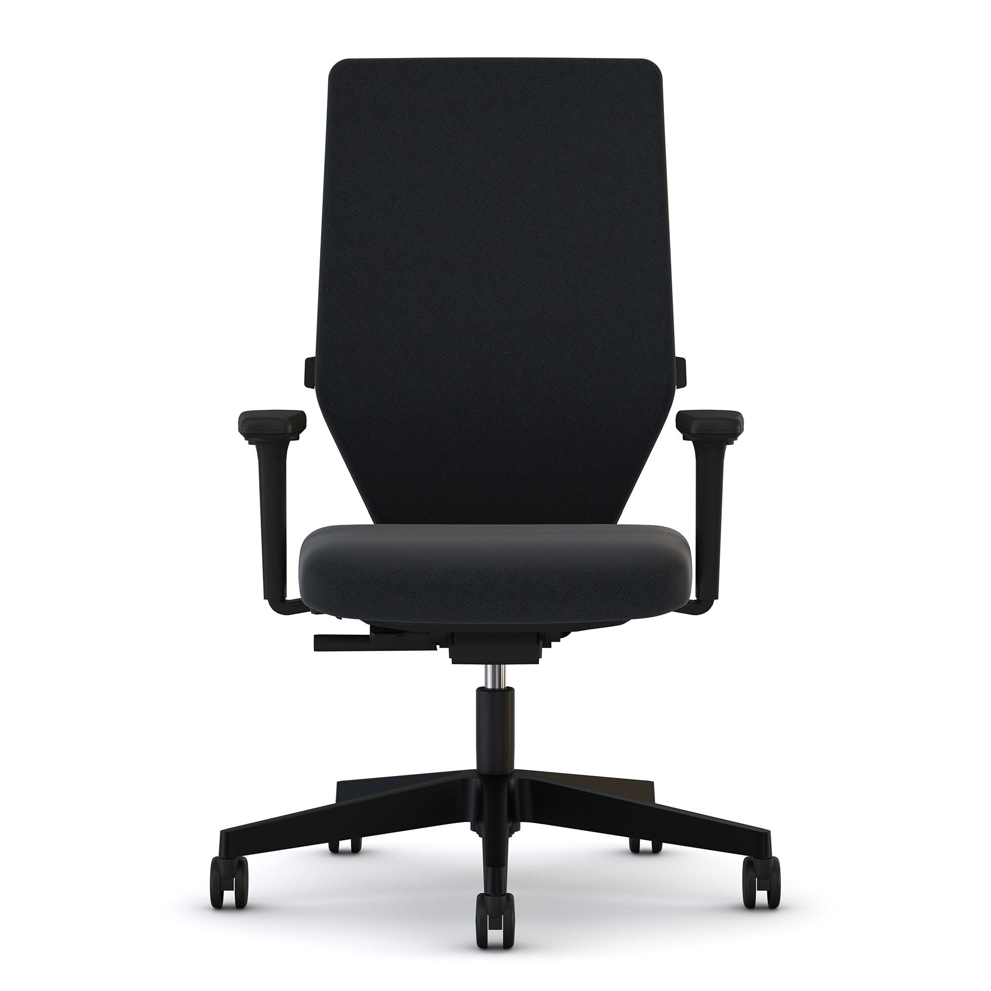 Ein schwarzer Bürostuhl mit höhenverstellbarem Sitz und Armlehnen.