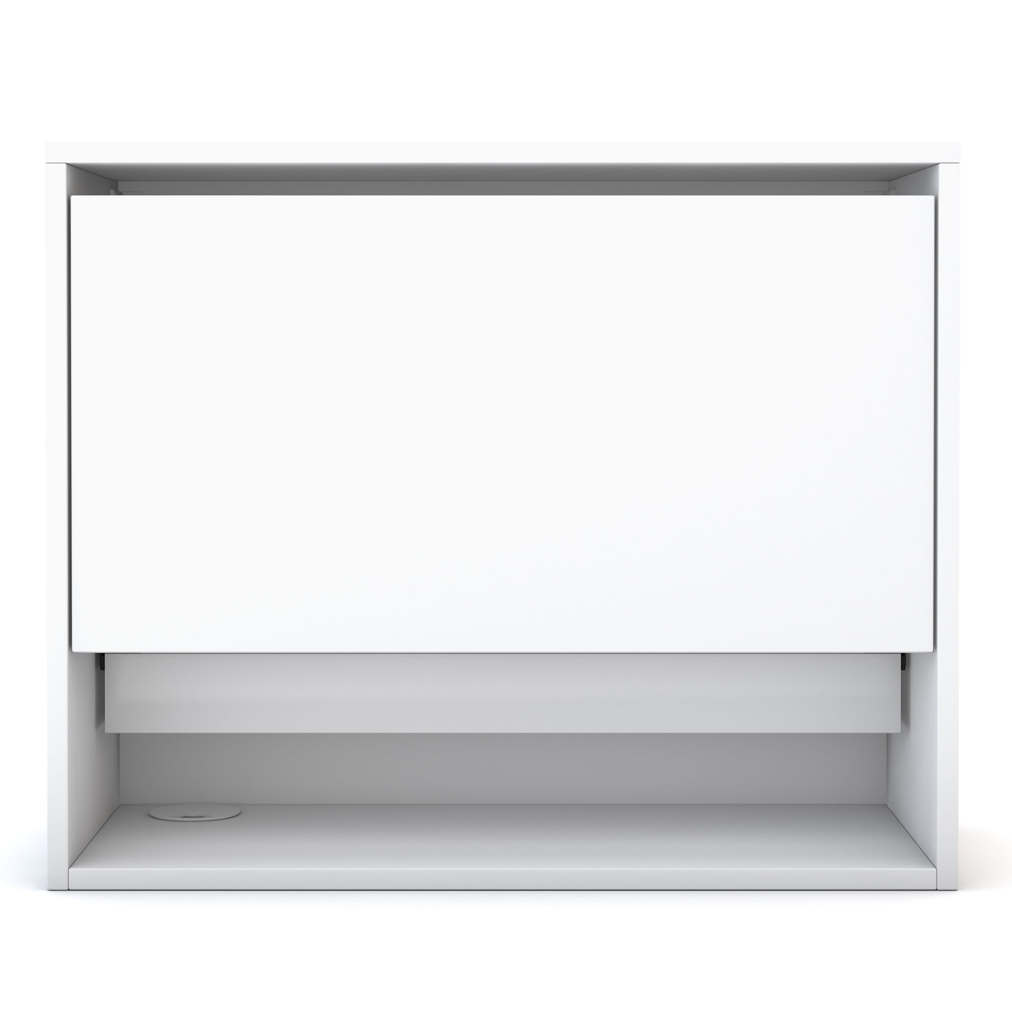 Ein weißer Schrank mit einer herunterklappbaren Front.
