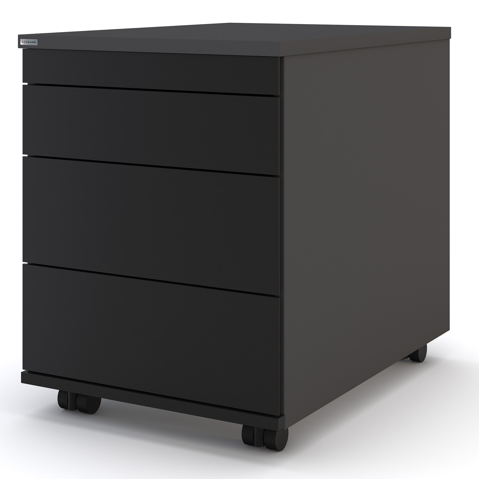 Schwarzer Rollcontainer mit vier Schubladen und glatter Oberfläche.