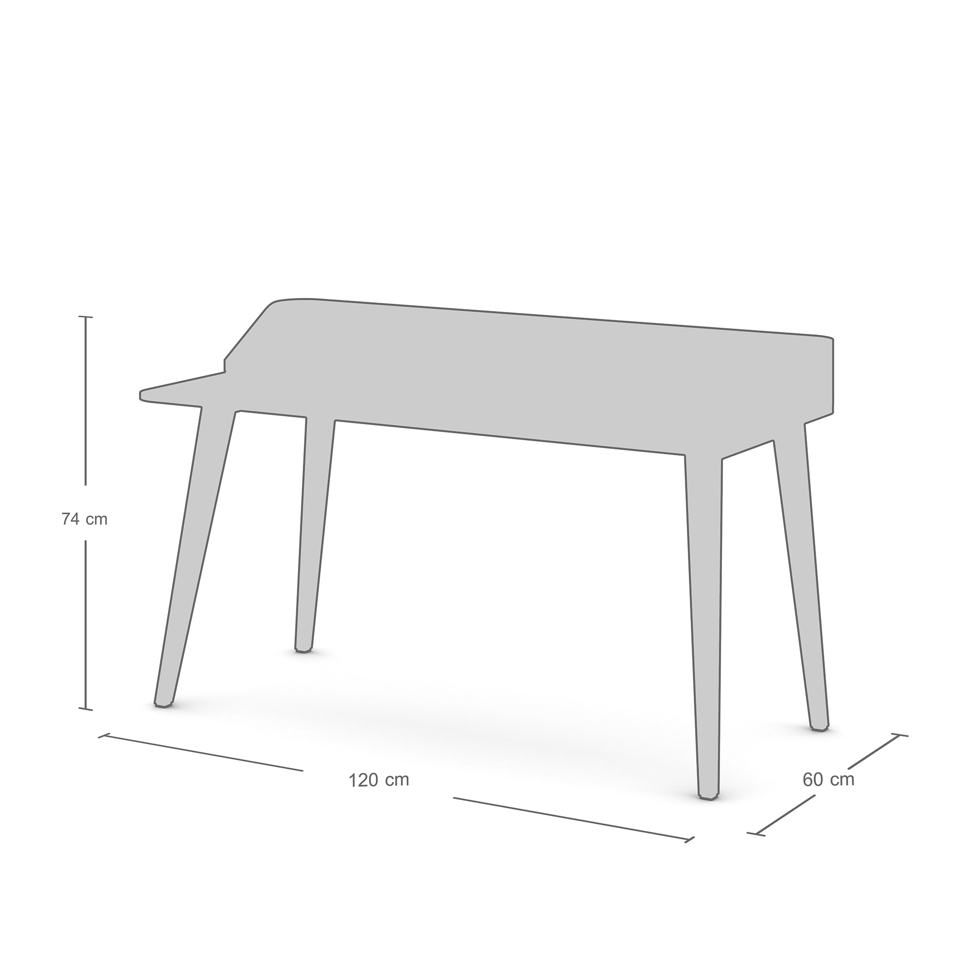 Skizze eines Schreibtisches mit asymmetrischer Form und den Maßen 120 cm Breite, 60 cm Tiefe und 74 cm Höhe.