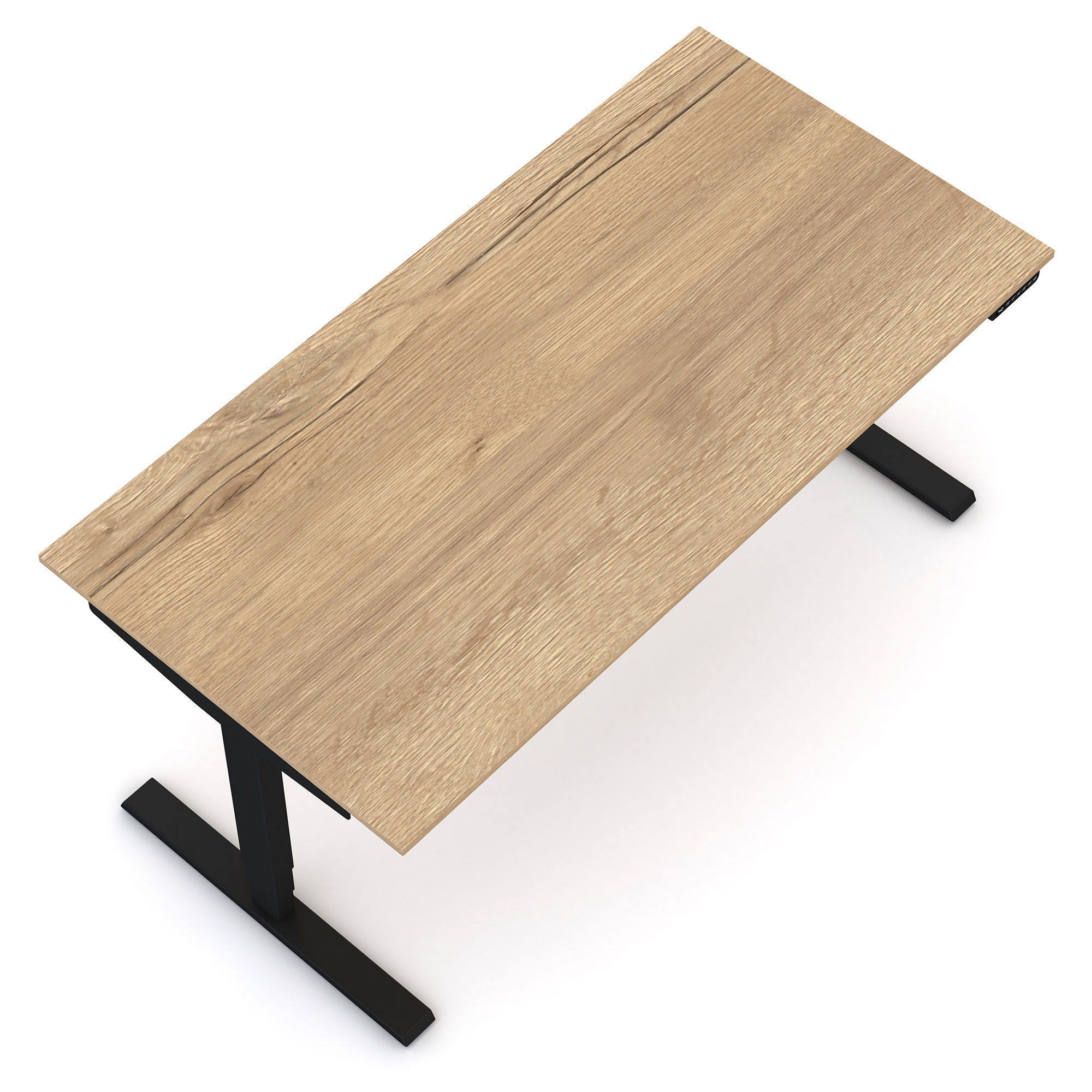 Ein Holztisch mit schwarzen Metallbeinen.