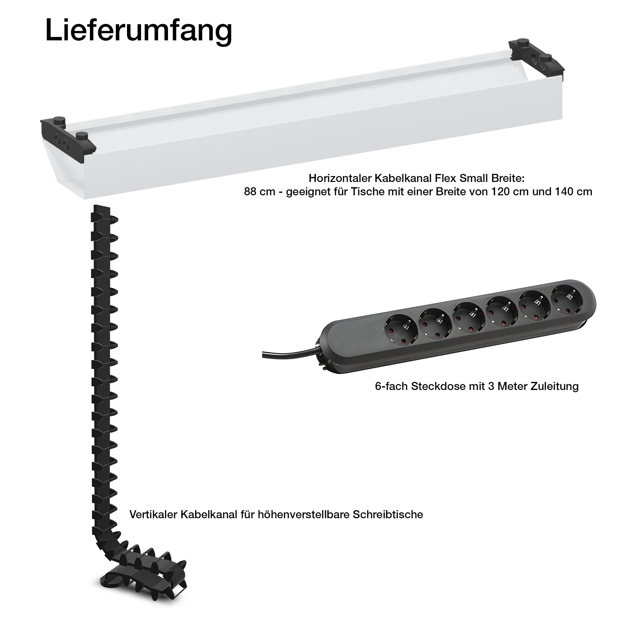 Horizontaler Kabelkanal Flex-small + Vertikale Kabelführung + 6-fach Steckdose
