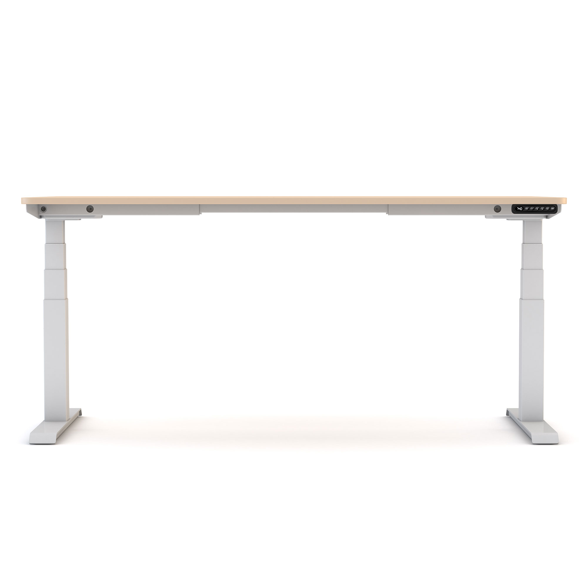 Ein höhenverstellbarer Schreibtisch mit einem hellen Tischplatte und grauen Beinen.