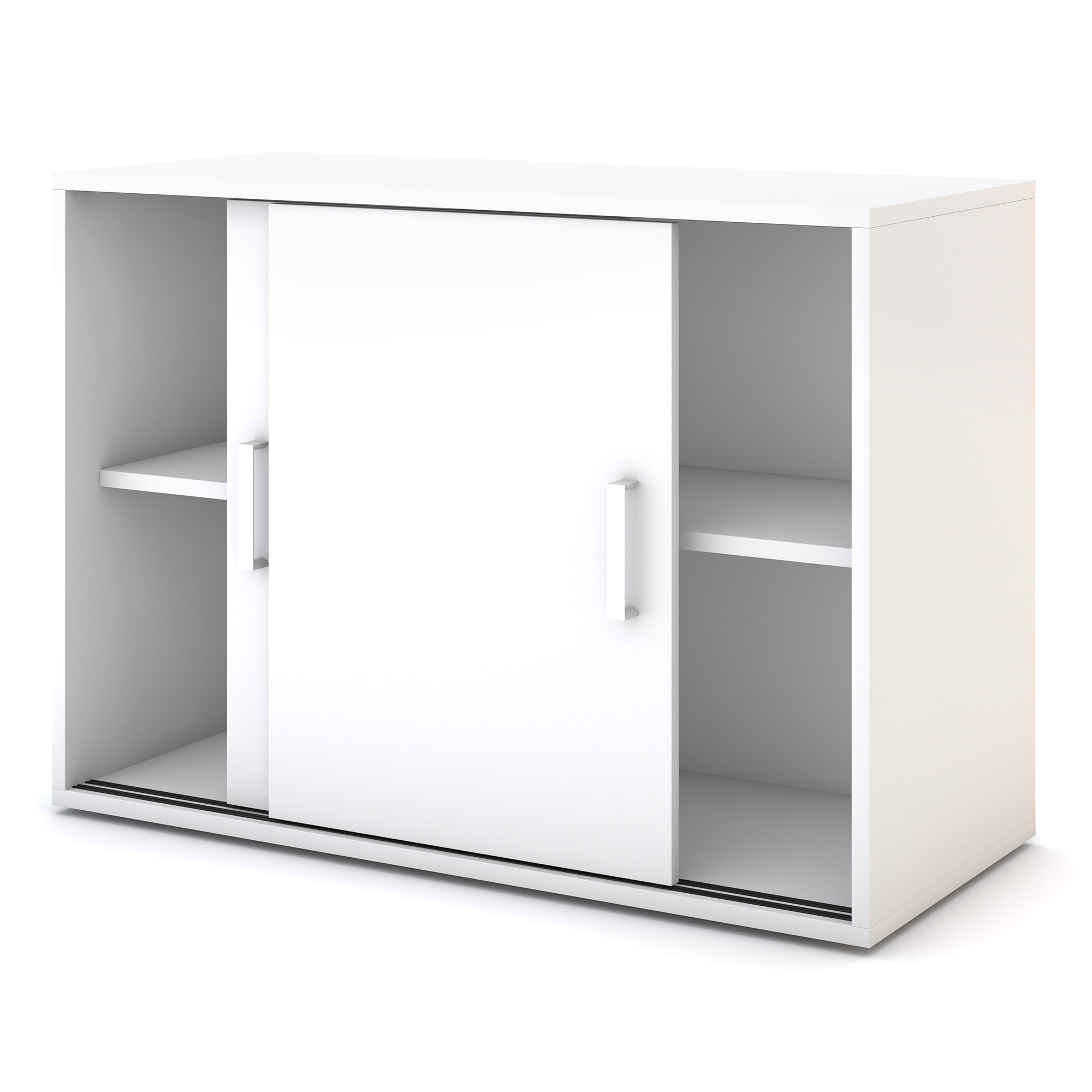 Ein weißer Schrank mit Schiebetüren und zwei offenen Fächern.