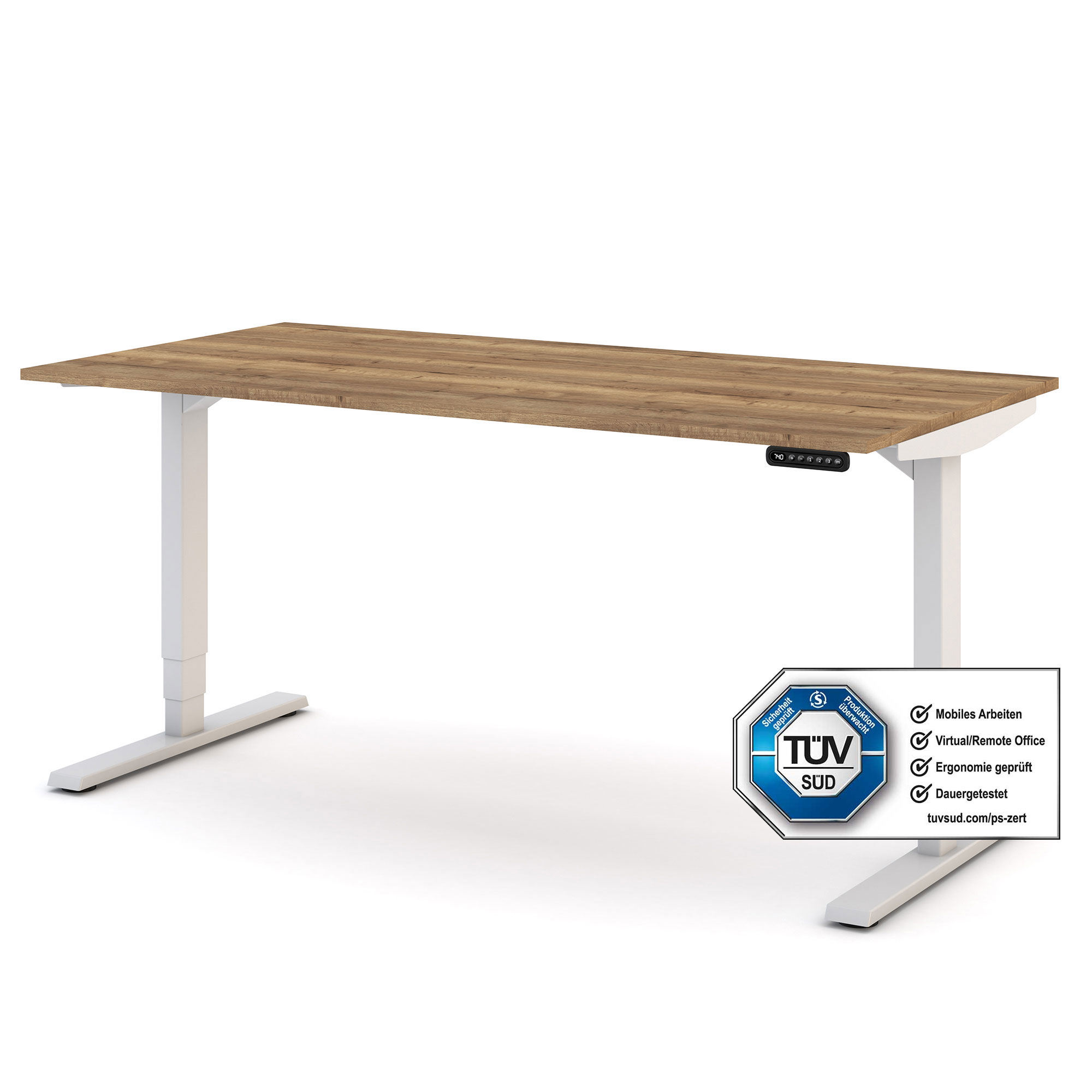 Höhenverstellbarer Schreibtisch mit Holzplatte und TÜV-Zertifikat
