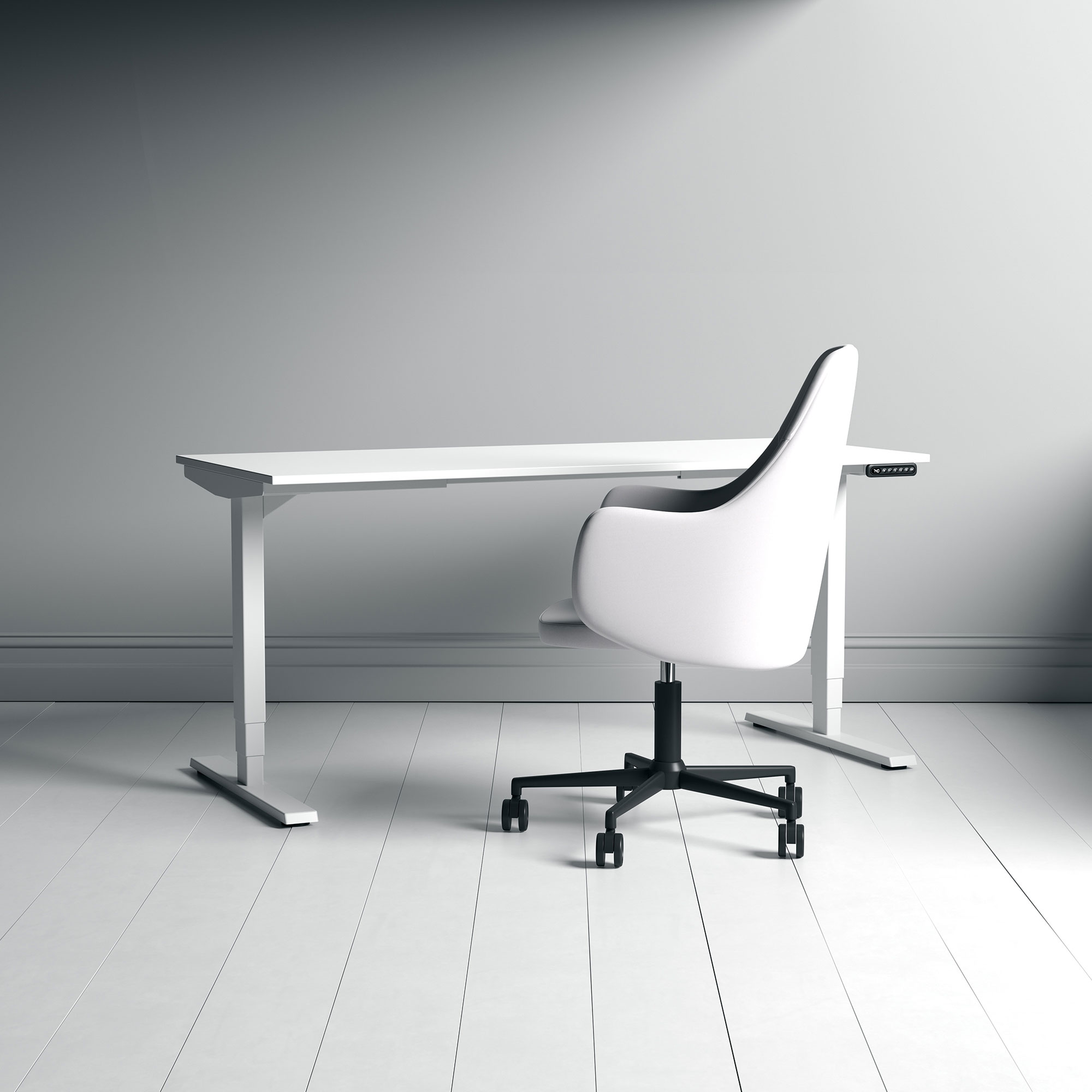 Minimalistisches Büro mit weißem Schreibtisch, ergonomischem Stuhl und hellem Holzfußboden