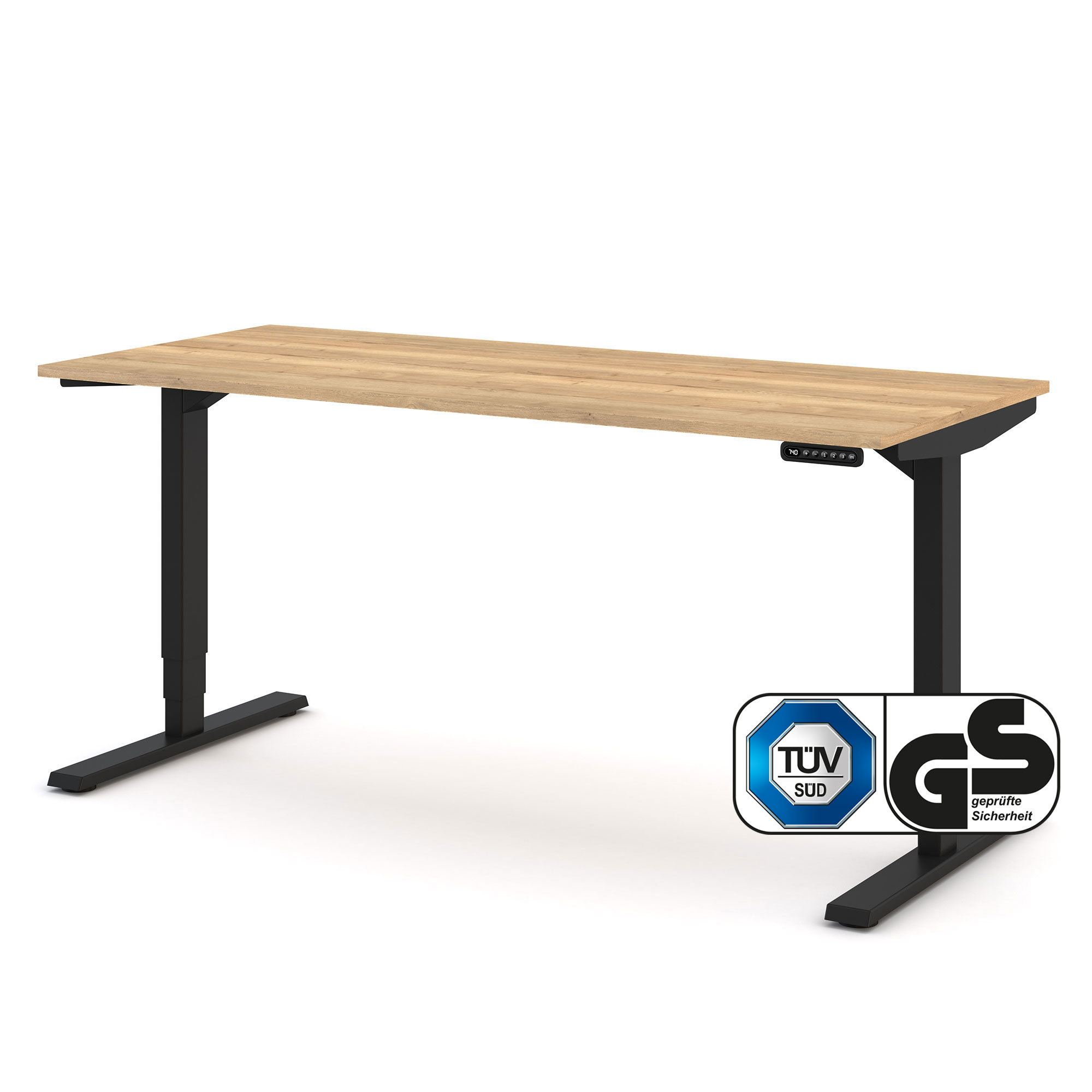 Ein höhenverstellbarer Schreibtisch mit einer Holzplatte und einem schwarzen Gestell, ausgestattet mit TÜV- und GS-Sicherheitszeichen.