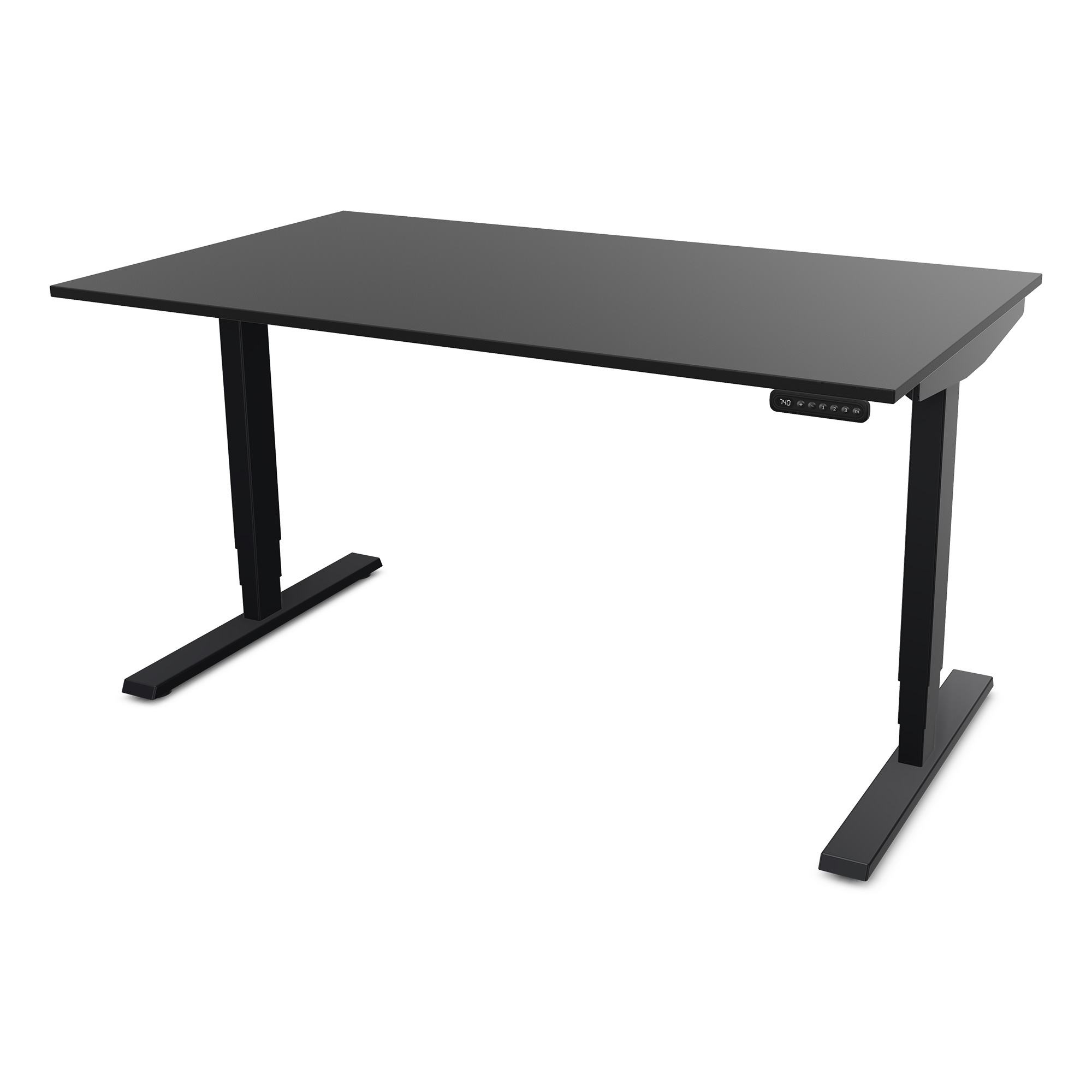 Ein schwarzer Schreibtisch mit einem modernen Design und verstellbaren Beinen.
