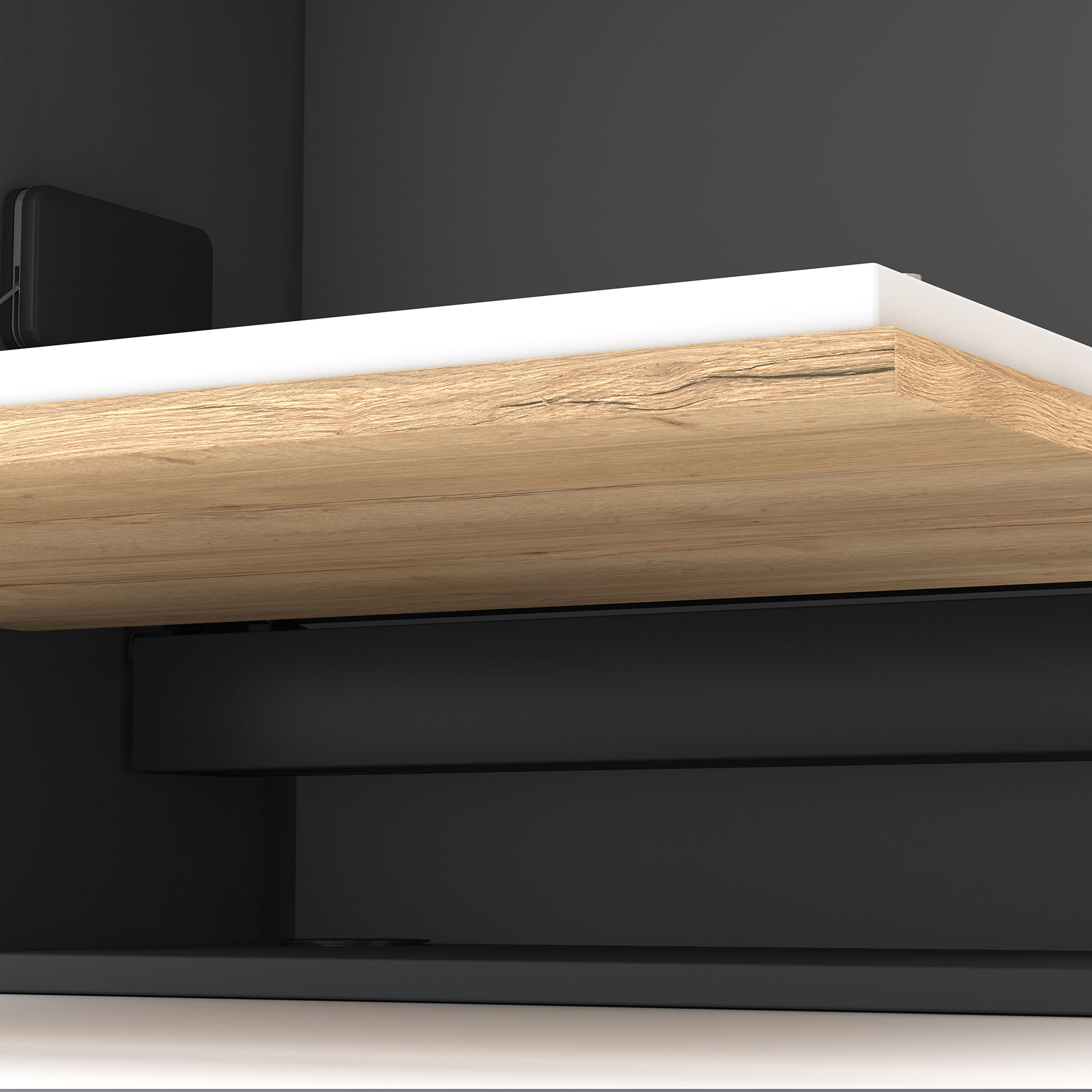 Ein Holztisch mit einer weißen Kante, an einer schwarzen Wand montiert.