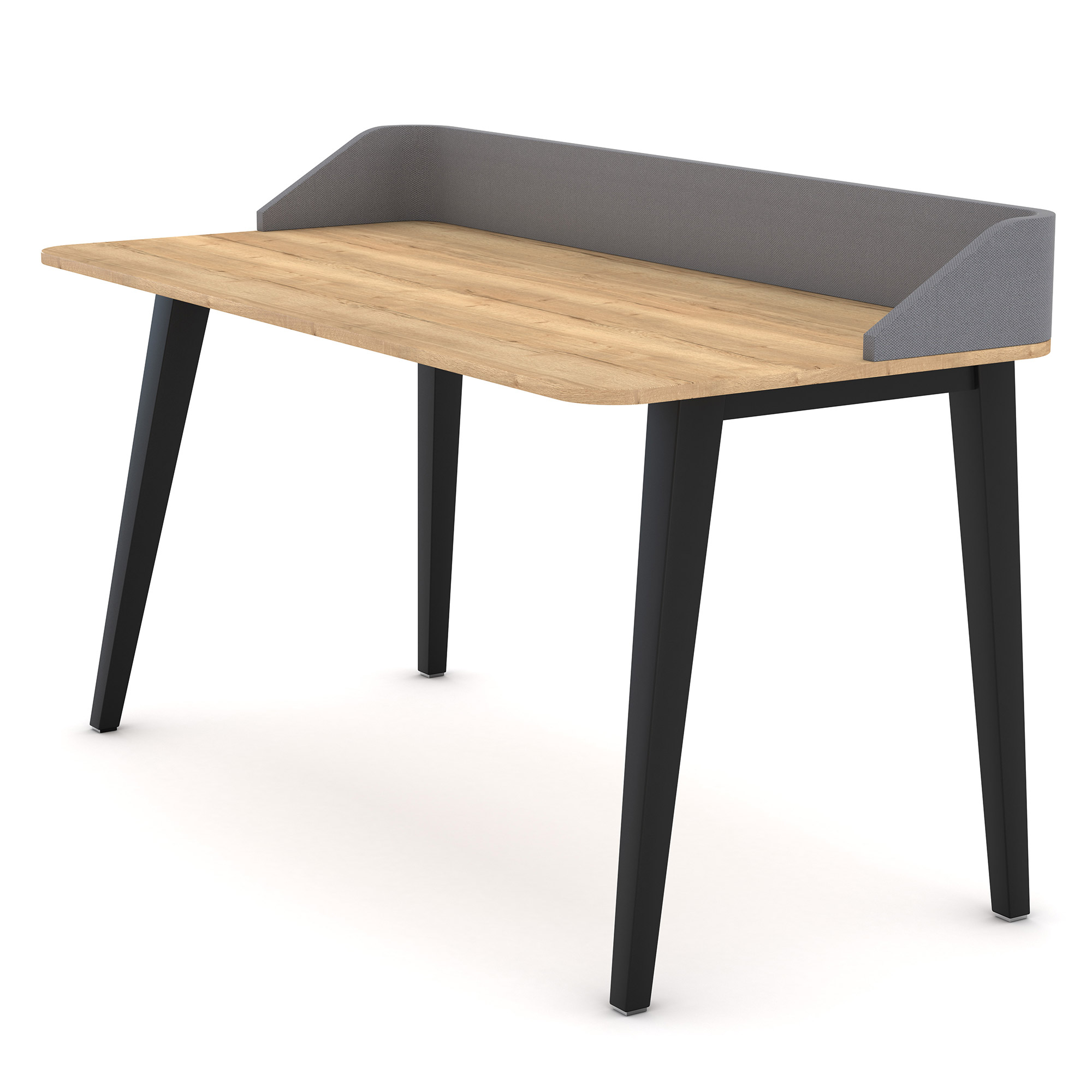 Schreibtisch mit Holzplatte, schwarzem Metallgestell und grauer Sichtschutzblende.