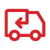 Rotes Icon eines Lieferwagens mit Rückpfeil – Symbol für einfache Rücksendung
