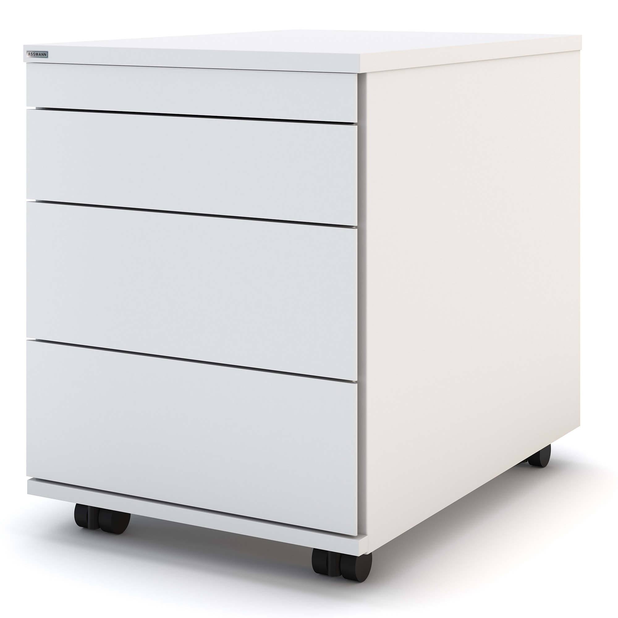 Ein weißer Rollcontainer mit vier Schubladen.