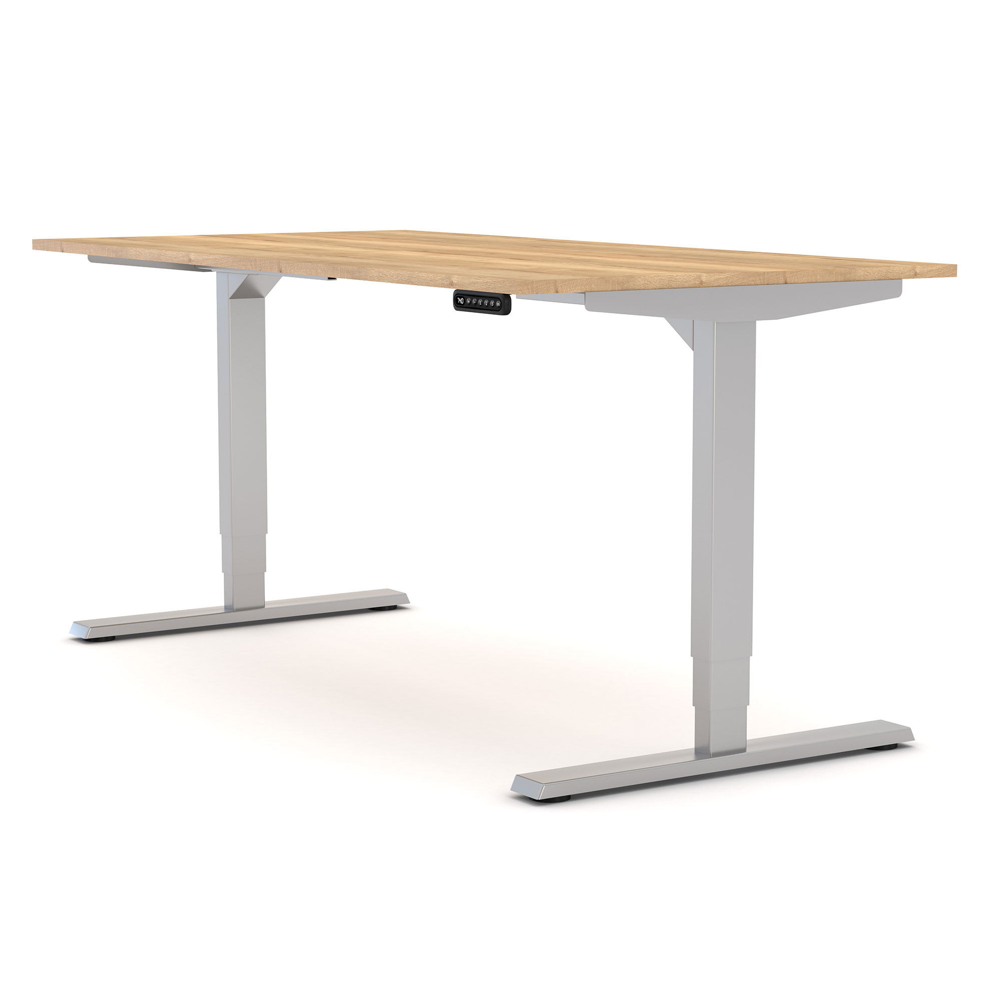 Ein höhenverstellbarer Schreibtisch mit einer Holzoberfläche und silbernen Metallfüßen.