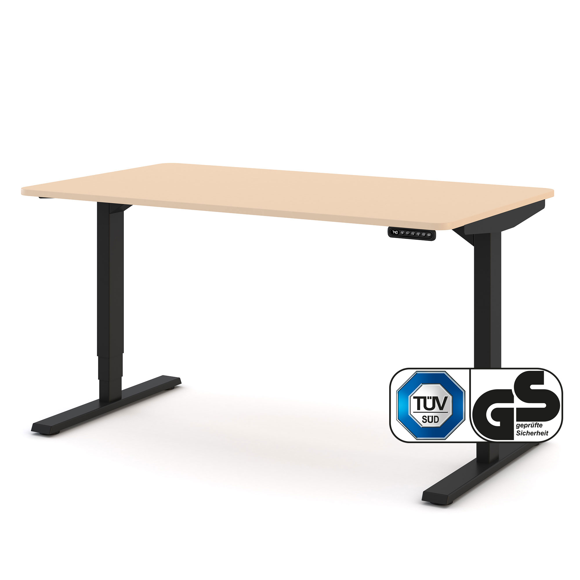 Elektrisch höhenverstellbarer Schreibtisch mit beiger Tischplatte und schwarzem Gestell – TÜV- und GS-zertifiziertes Modell für ergonomisches Arbeiten im Büro oder Home-Office