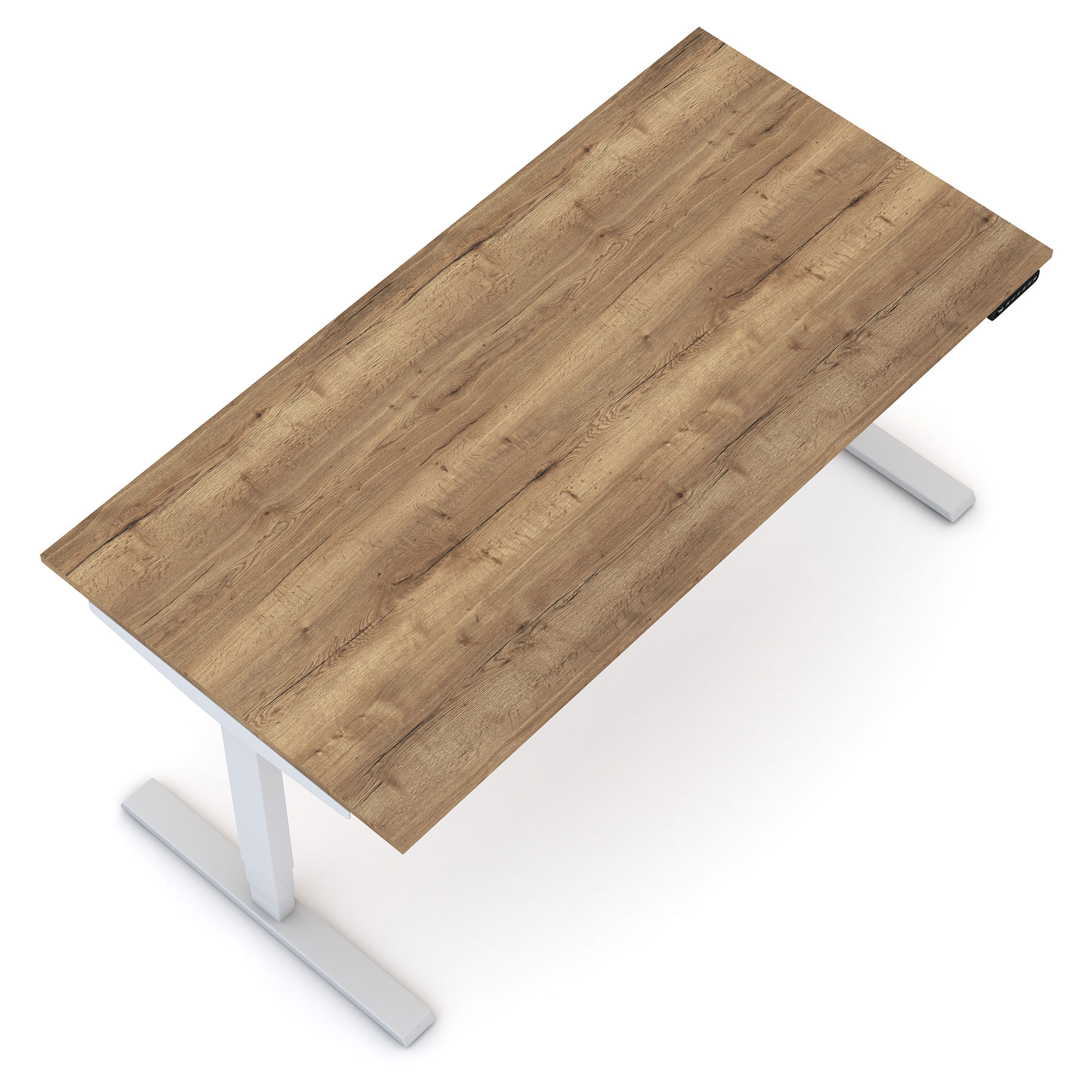 Schreibtisch mit höhenverstellbarem Gestell und rustikaler Holzplatte